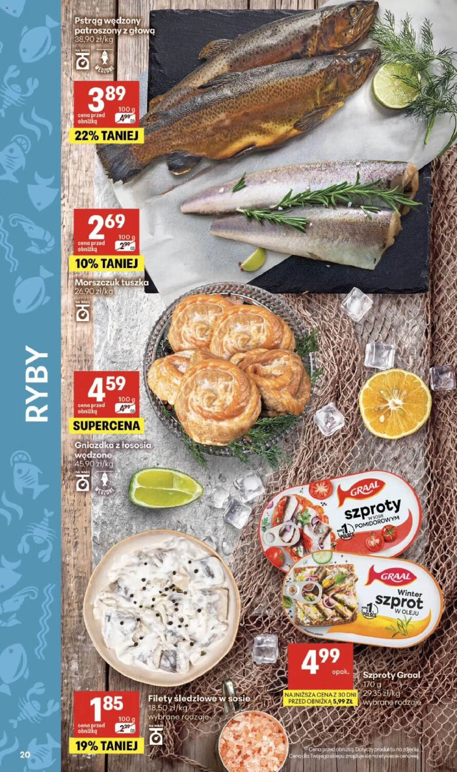 Delikatesy Centrum gazetka - Sklepy Własne od 01.10.2026 | Strona: 20 | Produkty: Pstrąg, Pstrąg wędzony, Morszczuk, Ryby