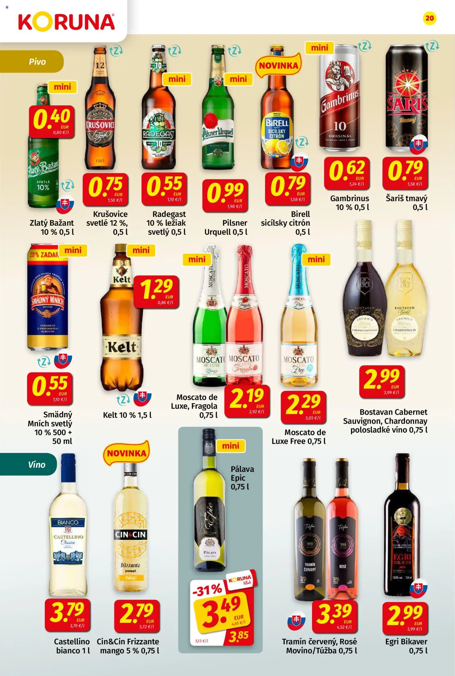 Nové Koruna akcie – leták je platný od 28.08.2026 | Strana: 20 | Produkty: Radegast, Zlatý Bažant, Šariš, Mango