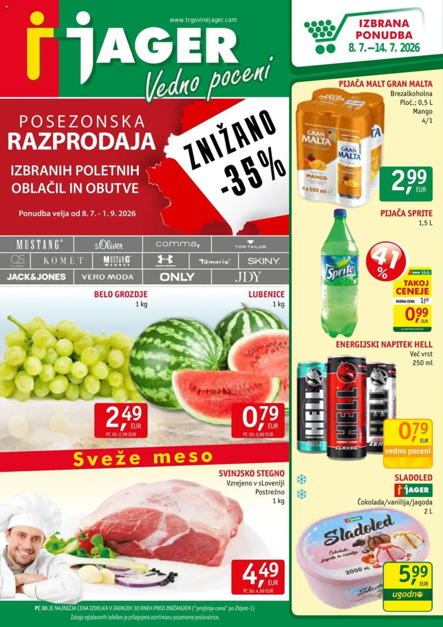 Novi Jager katalog ponudbe – veljaven od 08.07.2026 | Stran: 1 | Izdelki: Grozdje, Energijski napitek, Mango, Lubenice