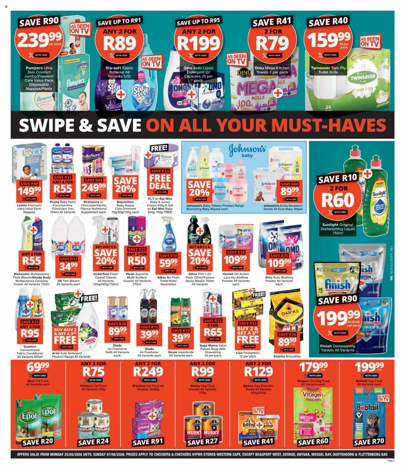 New Checkers catalogue – valid from 25.05.2026 | Page: 9 | Products: Cream, Soap, Cat food, Dog food
