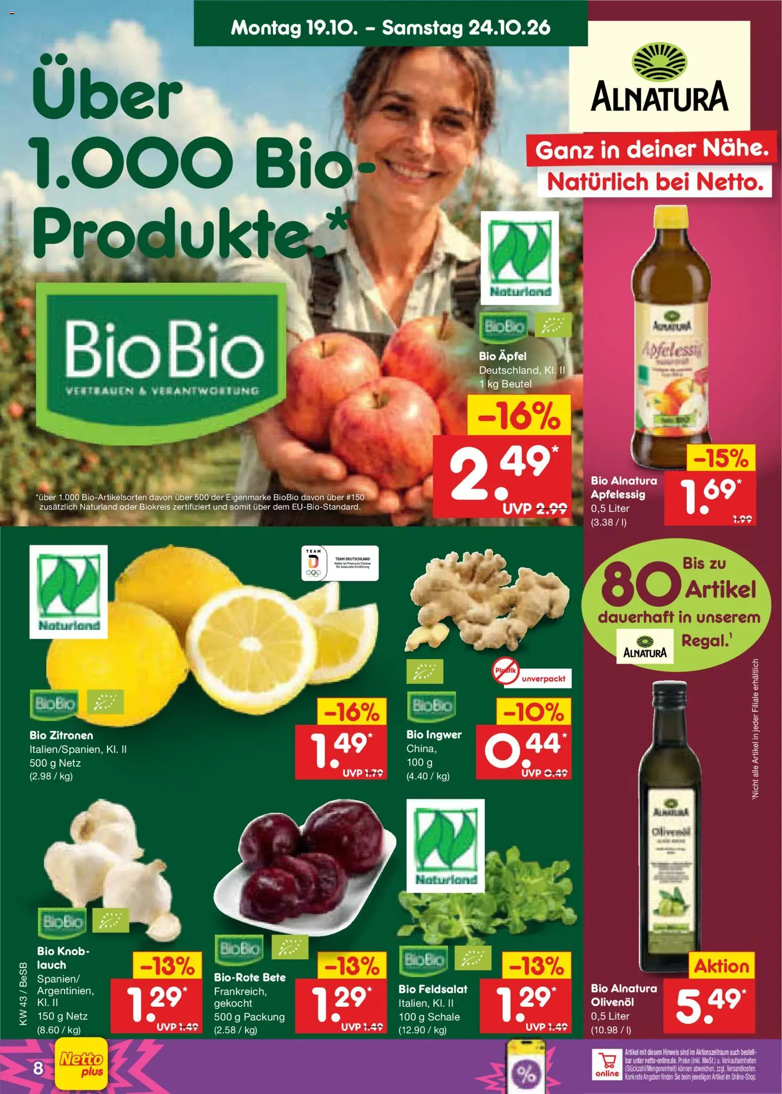 Netto Marken-Discount Prospekt – gültig ab 19.10.2026 | Seite: 8 | Produkte: Olivenol, Äpfel, Lauch, Zitronen