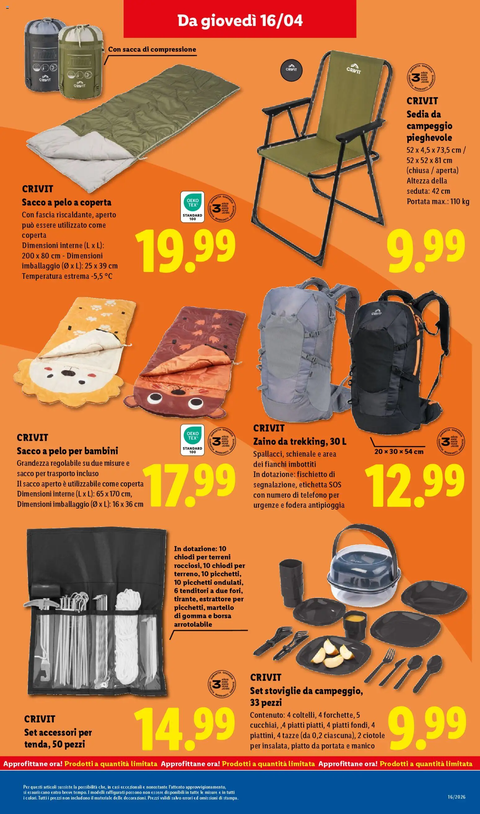 Volantino Lidl del 16.04.2026 | Pagina: 25 | Prodotti: Sacco a pelo, Zaino, Martello, Sedia