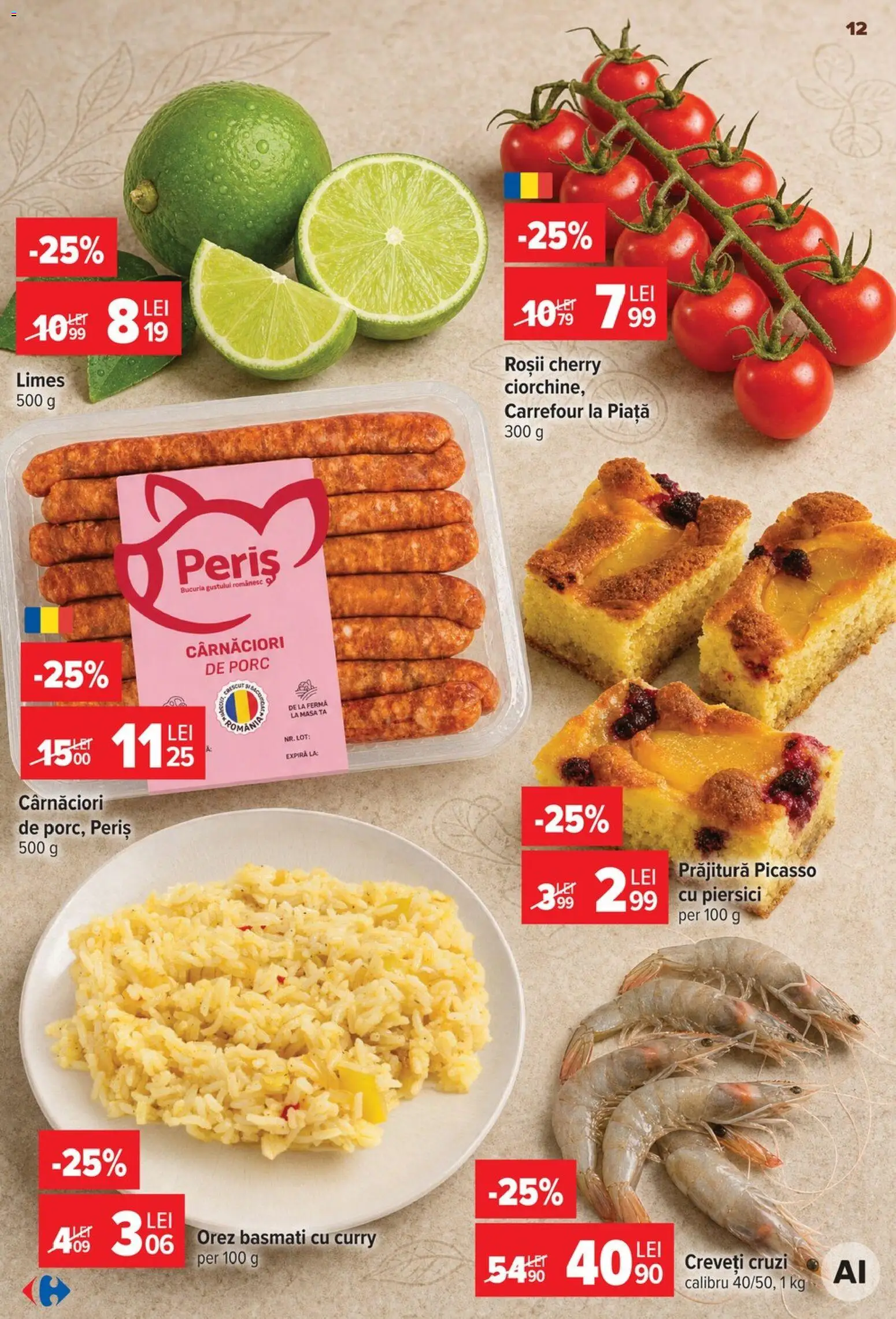 Noul catalog Carrefour – valabil de la 19.08.2026 | Pagină: 12 | Produse: Masă, Prăjitură, Orez basmati, Piersici