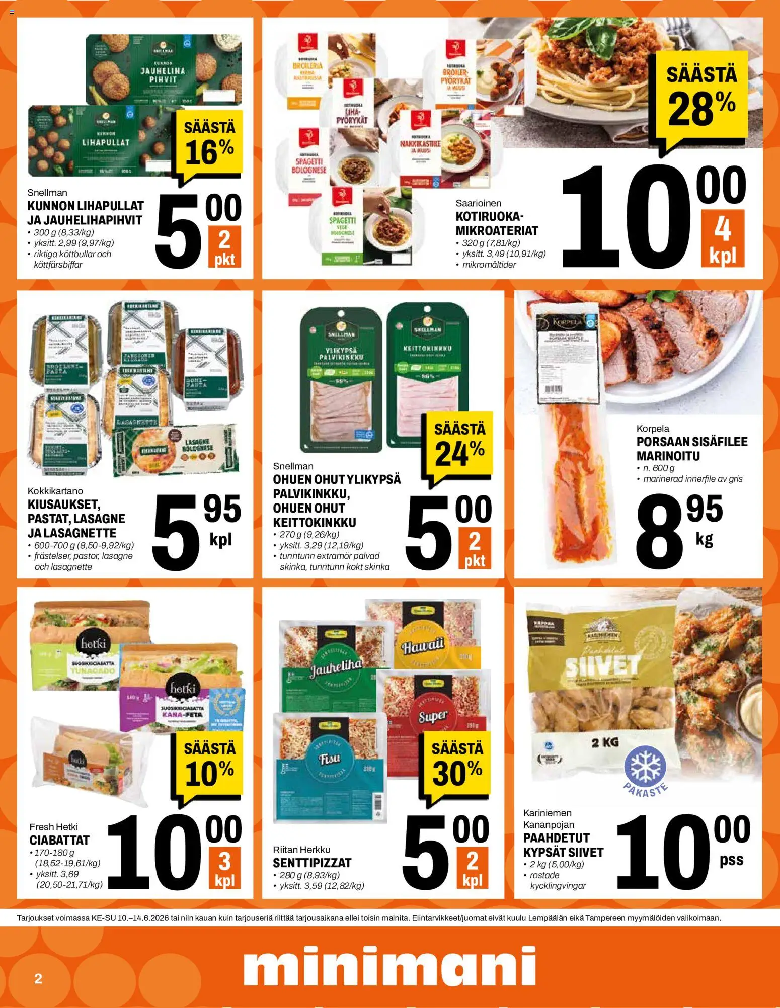 Minimani tarjoukset – voimassa 10.06.2026 alkaen | Sivu: 2 | Tuotteet: Jauheliha, Spagetti, Porsaan sisäfilee