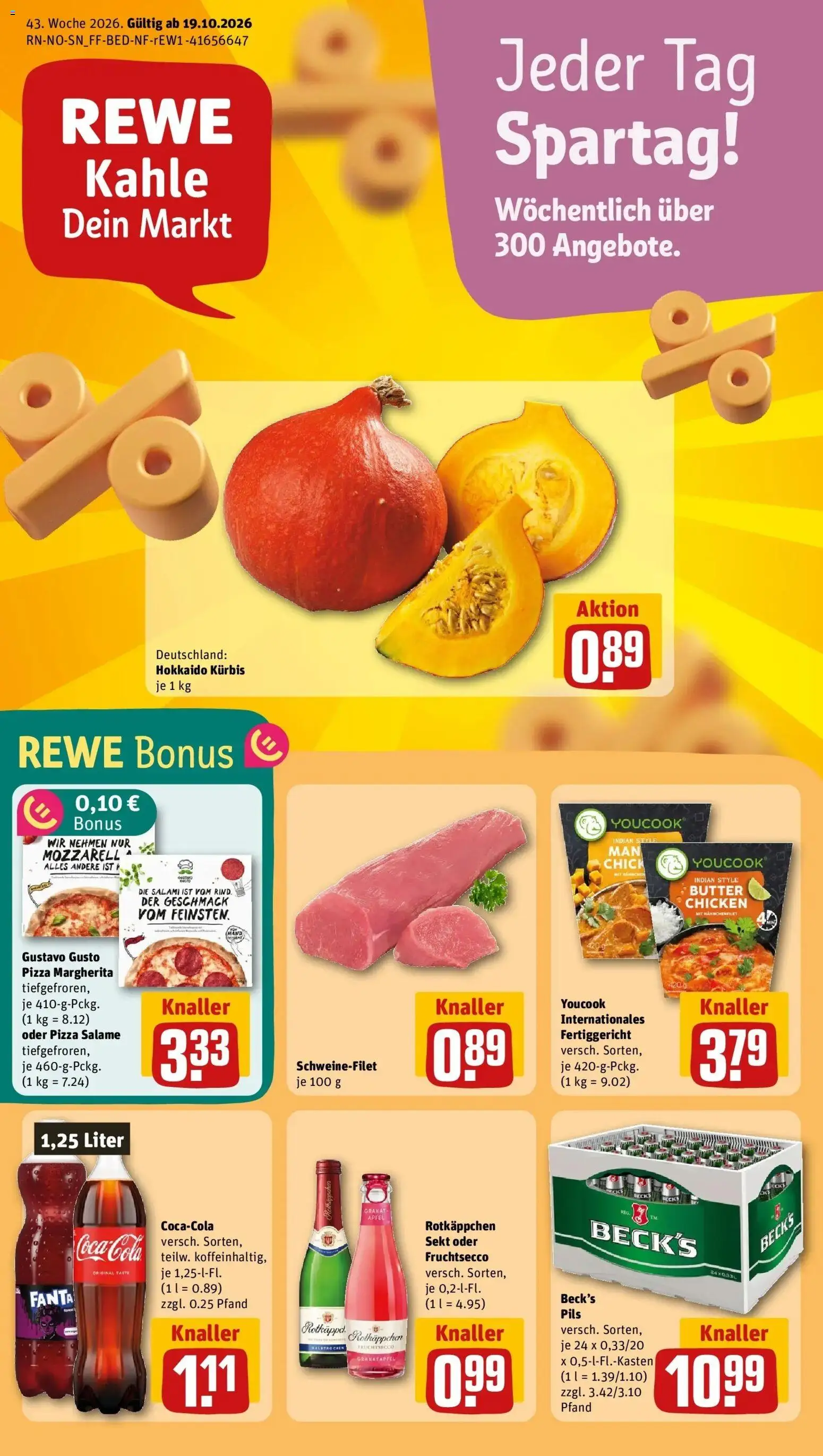REWE Prospekt ab 19.10.2026 zum Blättern » Angebote | Seite: 1 | Produkte: Butter, Fruchtsecco, Kürbis, Pizza