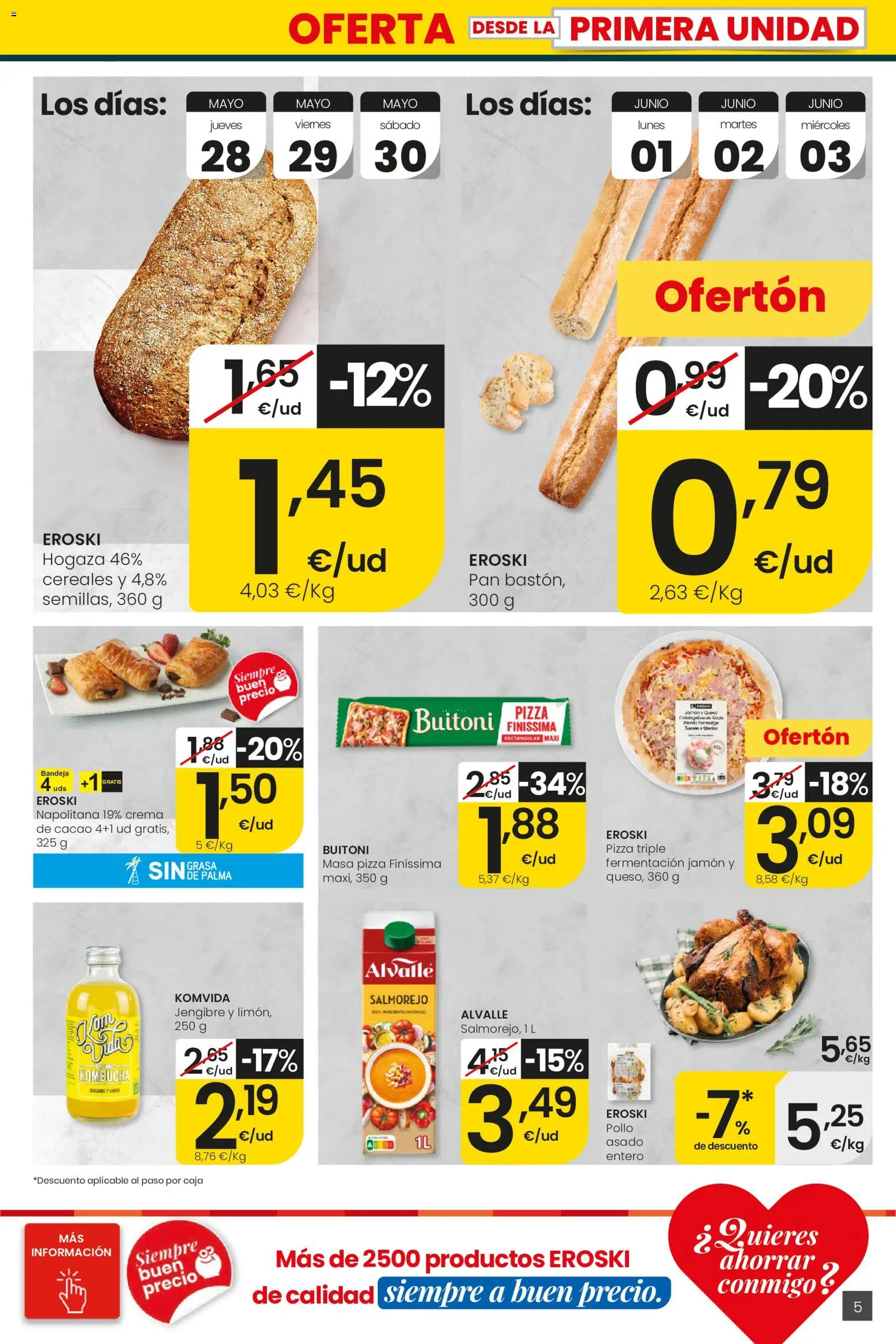 Eroski Ofertones de verano │ válido desde el 28.05.2026 | Página: 5 | Productos: Pan, Crema, Φρυγανιές σικάλεως, Caja