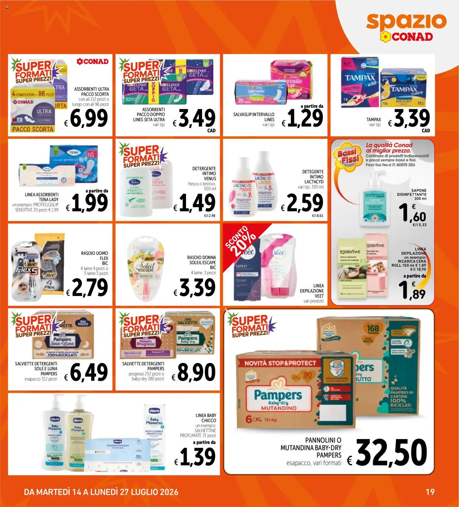 Volantino Spazio Conad del 14/07/2026 | Pagina: 19 | Prodotti: Rasoio, Sapone, Detergente, Pampers