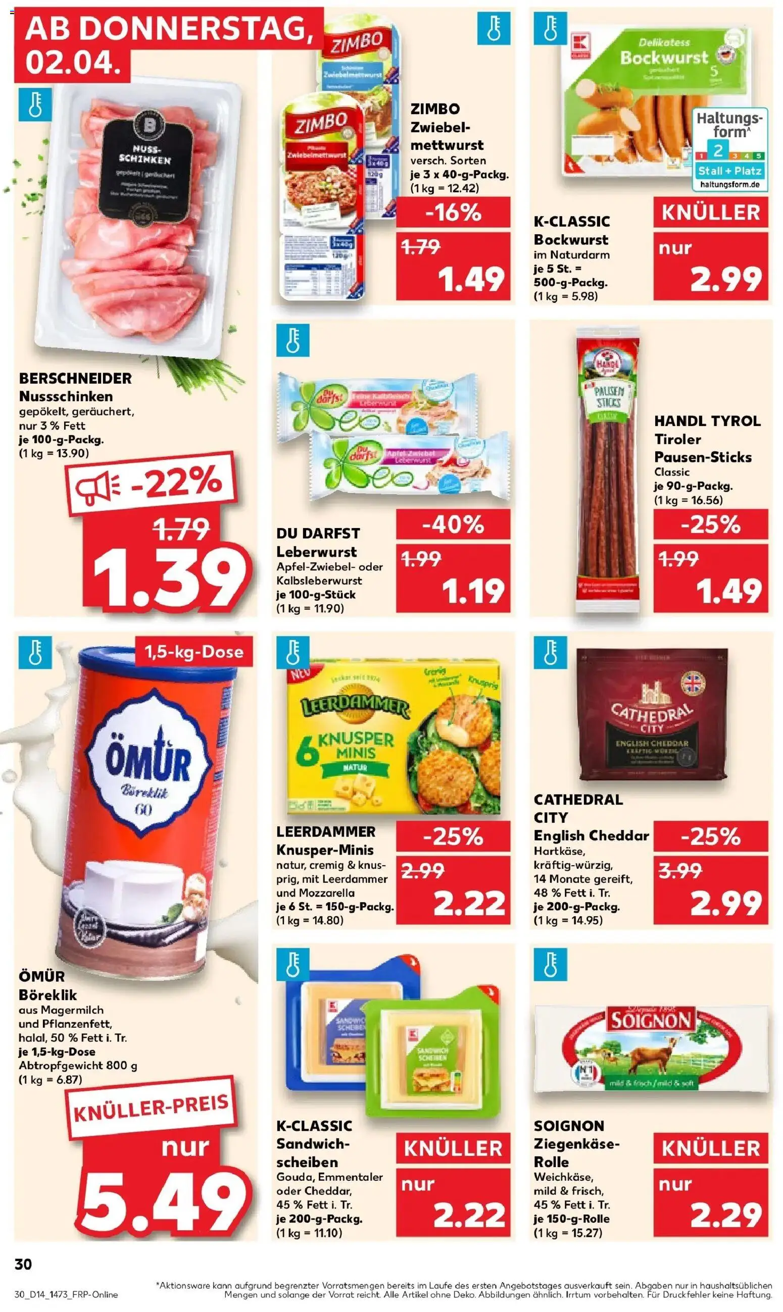 Kaufland Prospekt Seelow	 – gültig ab 02.04.2026 | Seite: 30 | Produkte: Bockwurst, Mozzarella, Ziegenkäse, Schinken