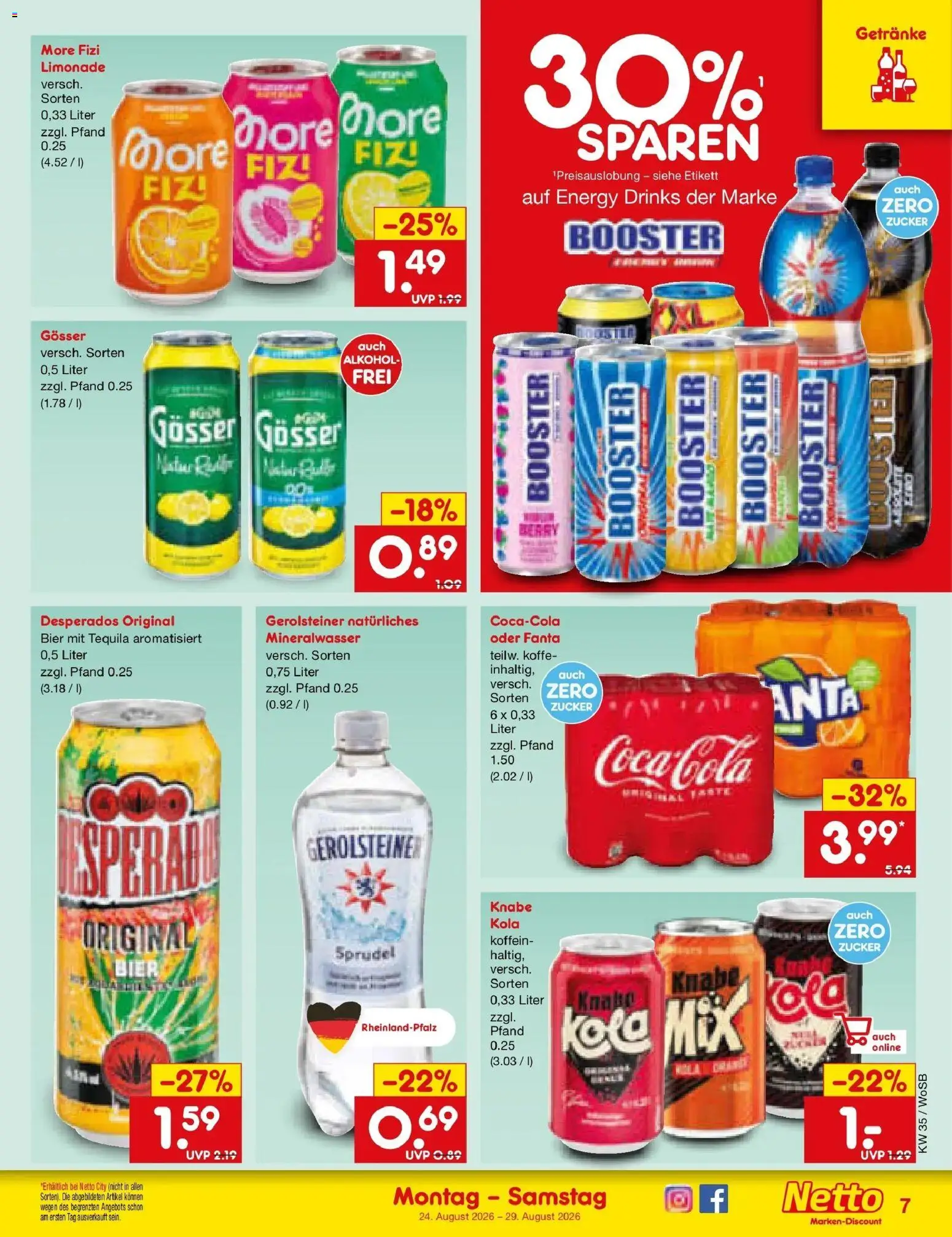 Netto Marken-Discount Prospekt Ludwigshafen-Edigheim (ab 24.08.2026) » Angebote | Seite: 7 | Produkte: Energy, Alkohol, Zucker, Gerolsteiner