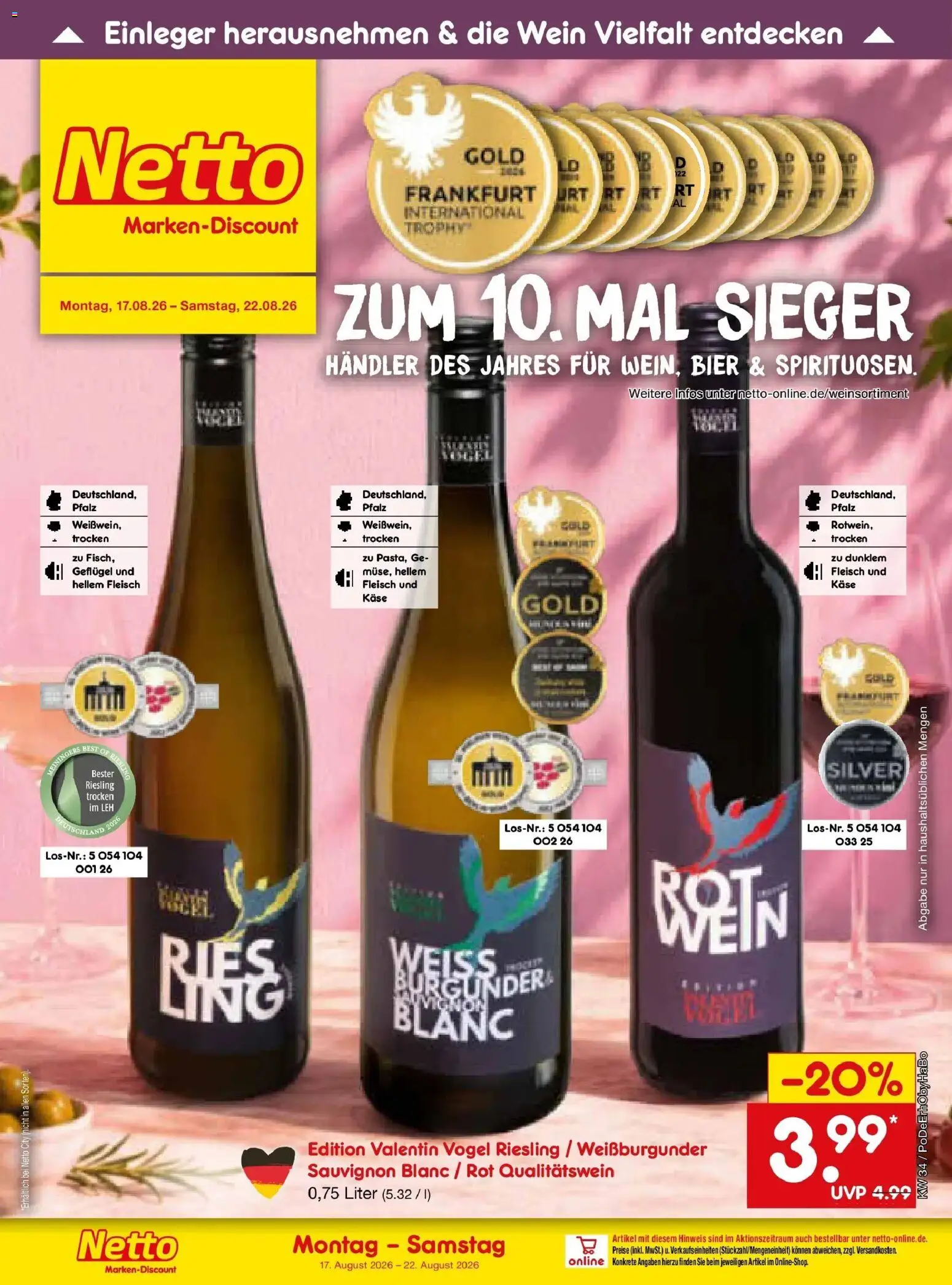 Netto Marken-Discount Prospekt Ergolding (ab 17.08.2026) » Angebote | Seite: 44 | Produkte: Käse, Bier, Wein, Fleisch