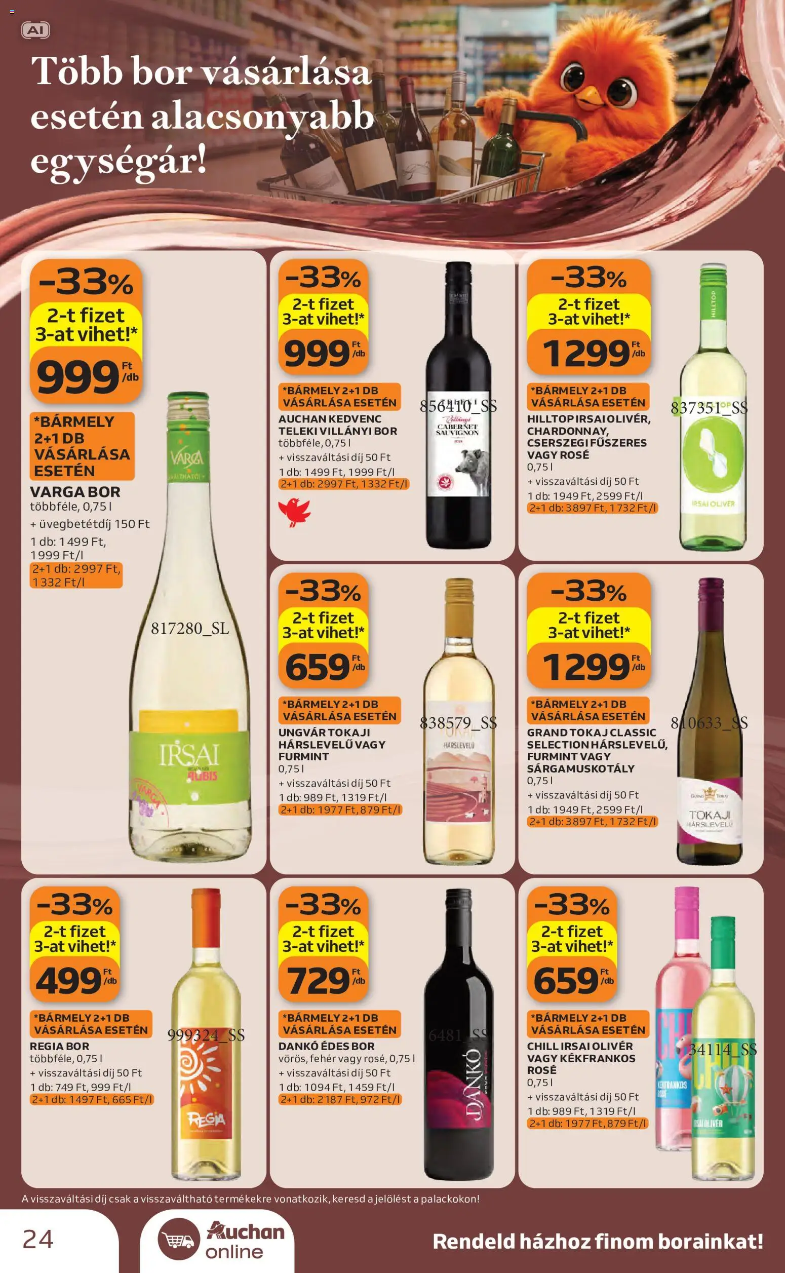 Auchan akciós ujság - amely érvényes a következő dátumtól: 2026.10.01. | Oldal: 24 | Termékek: Cabernet, Irsai Olivér, Cabernet Sauvignon, Rosé