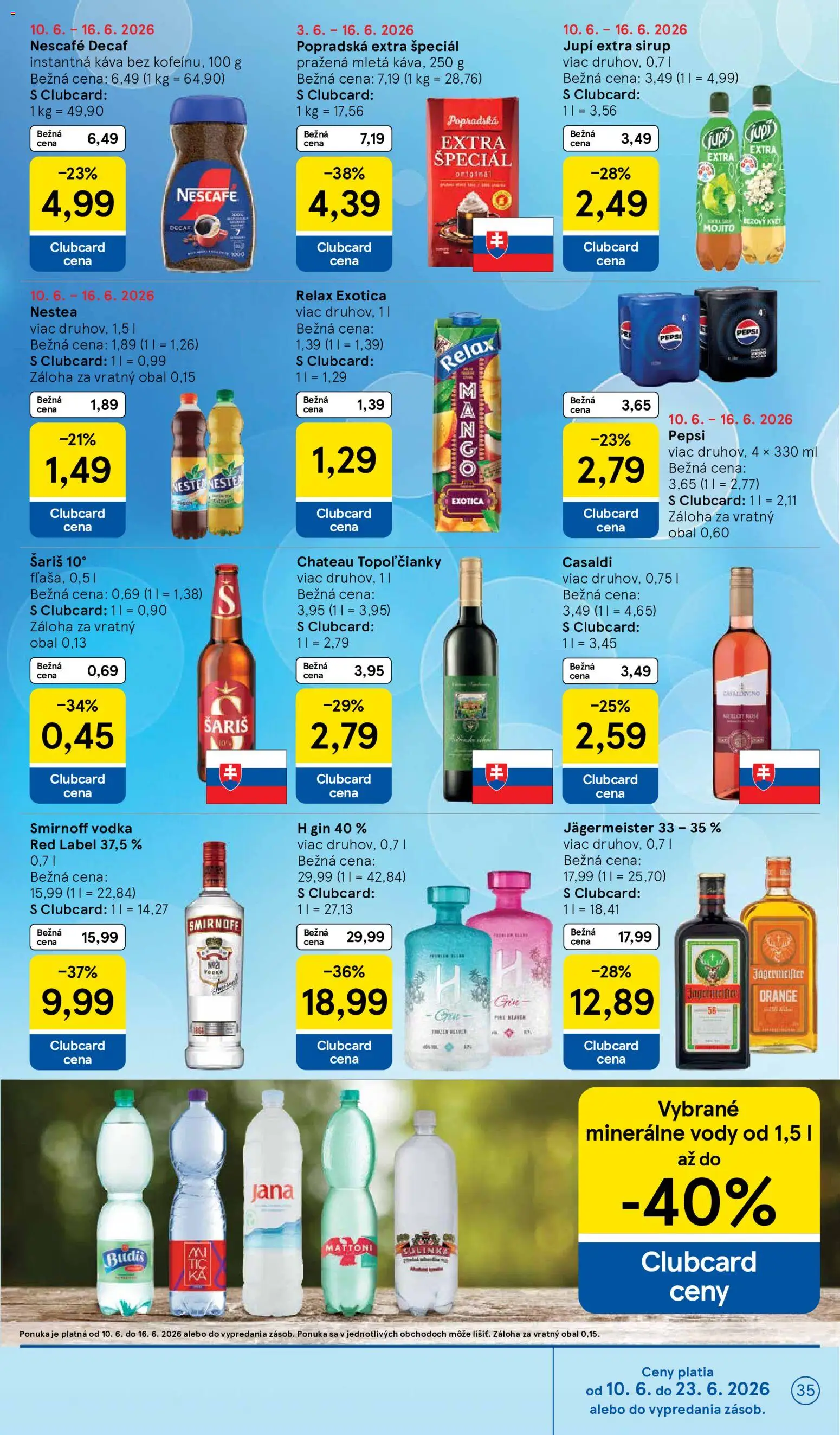 Nové Tesco akcie – leták je platný od 10.06.2026 | Strana: 35 | Produkty: Jägermeister, Budiš, Gin, Vodka