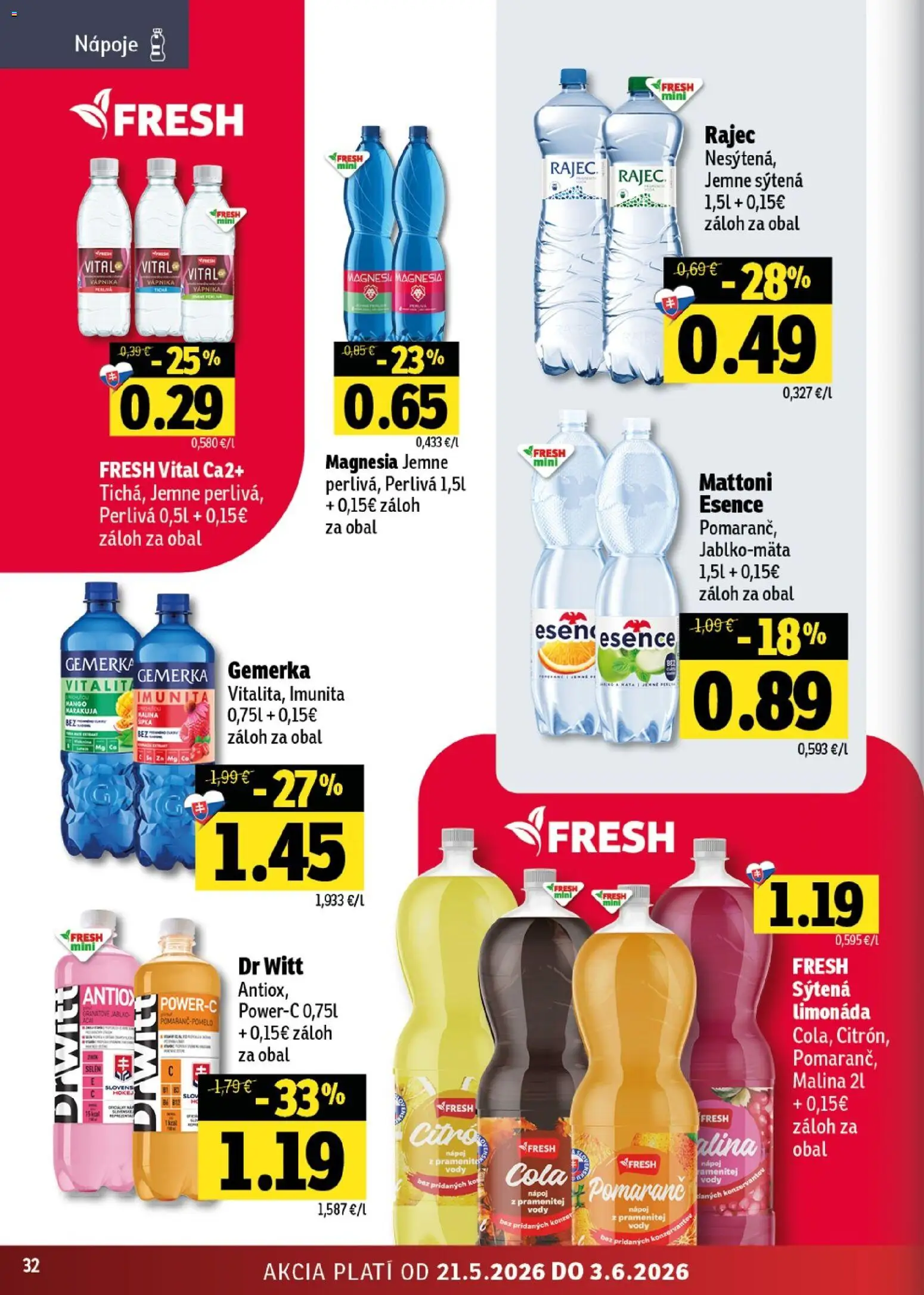 Nové Fresh akcie – leták je platný od 21.05.2026 | Strana: 32 | Produkty: Rajec, Magnesia, Cola, Gemerka