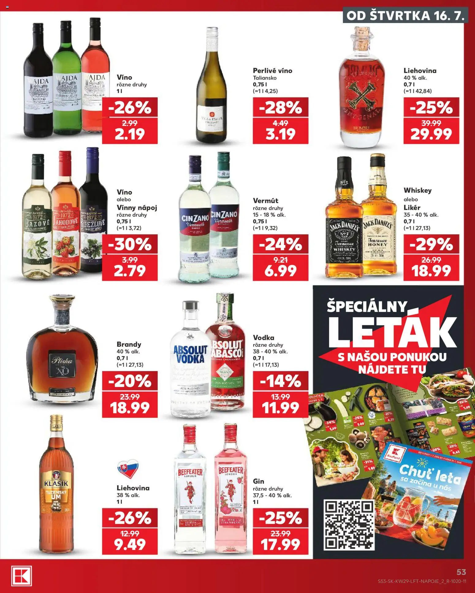 Nové Kaufland akcie – leták je platný od 16.07.2026 | Strana: 53 | Produkty: Beefeater, Vermut, Brandy, Perlivé víno