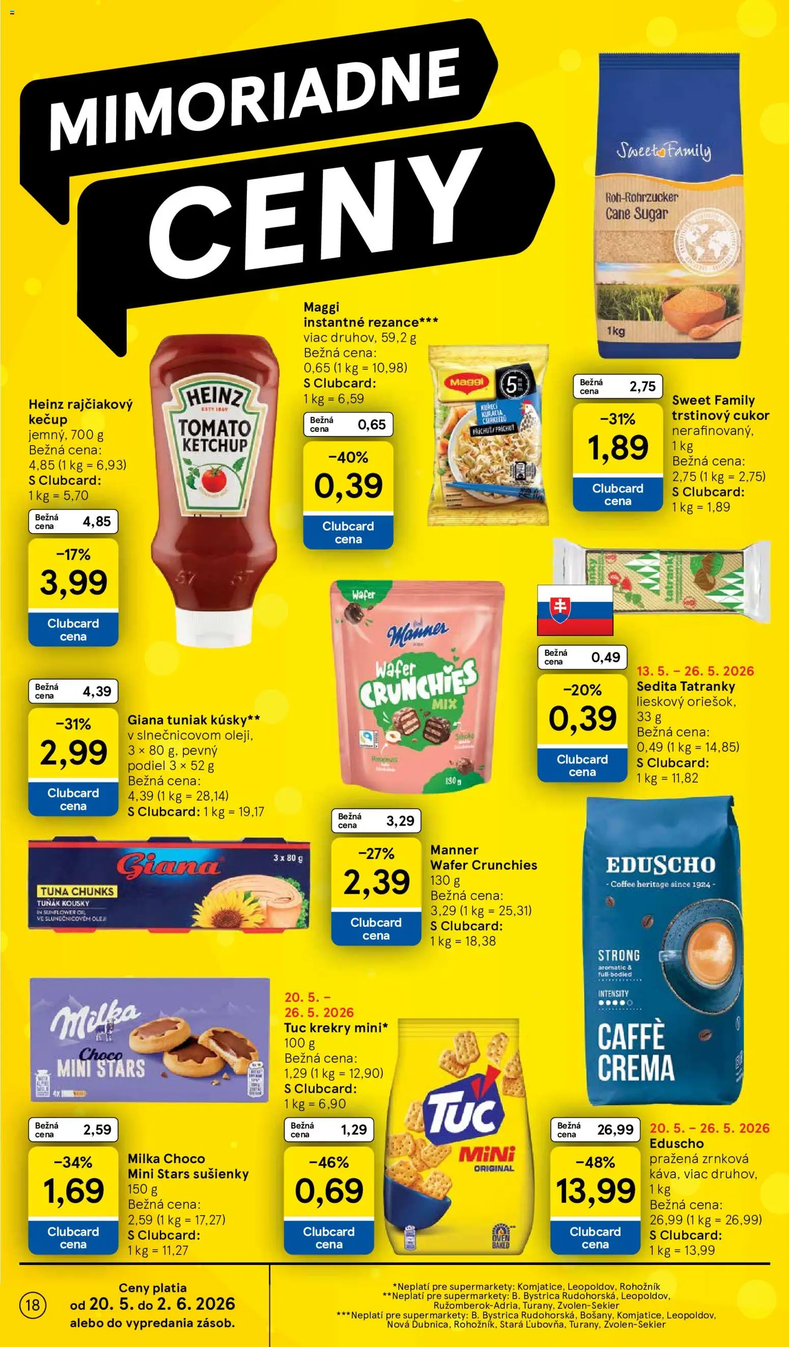Nové Tesco akcie – leták je platný od 20.05.2026 | Strana: 18 | Produkty: Tuniak, Káva, Trstinový cukor, Zrnková káva