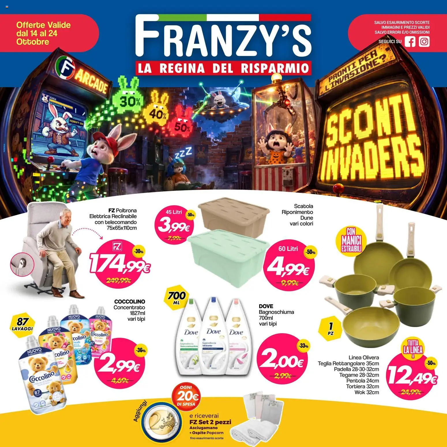 Volantino Franzy's del 14/10/2026 | Pagina: 1 | Prodotti: Bagnoschiuma, Tortiera, Poltrona, Scatola