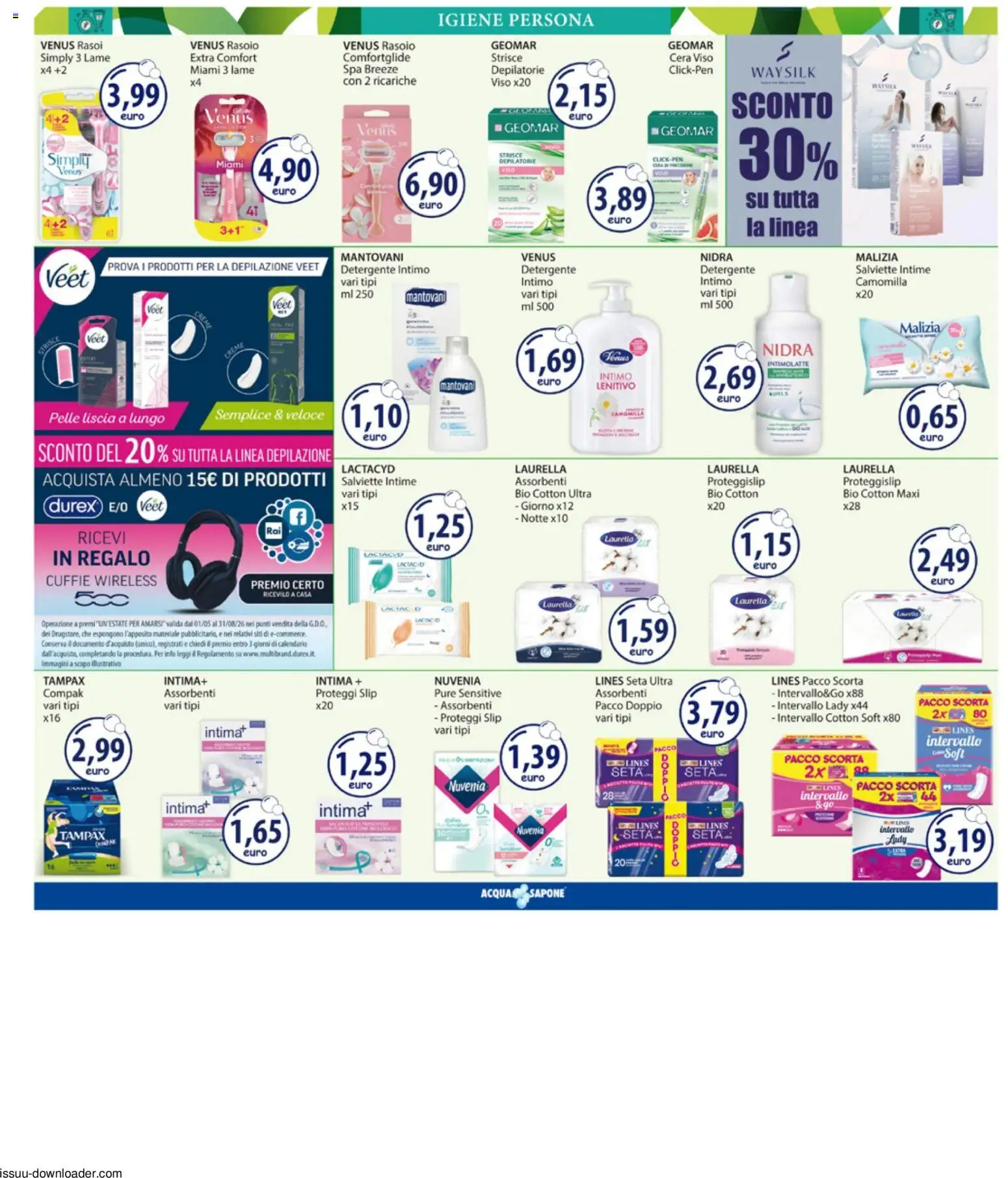 Volantino Acqua e Sapone del 13/07/2026 | Pagina: 12 | Prodotti: Rasoio, Proteggi slip, Intimo, Cuffie