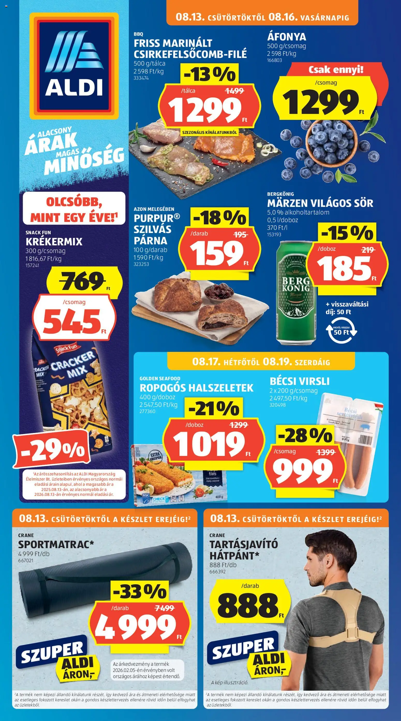 Aldi akciós ujság - amely érvényes a következő dátumtól: 2026.08.13. | Oldal: 1 | Termékek: Seafood, Áfonya, Bécsi virsli, Sör