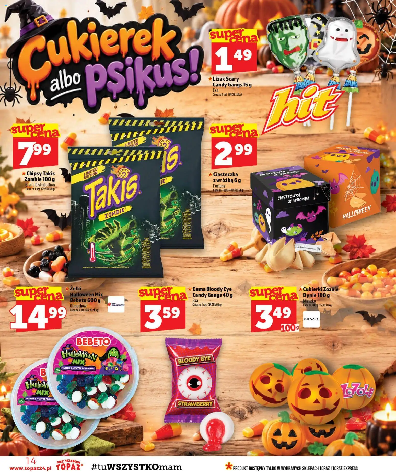 Topaz gazetka - MAZ od 22.10.2026 | Strona: 14 | Produkty: Cukierki zozole, Chipsy, Żelki, Ciasteczka