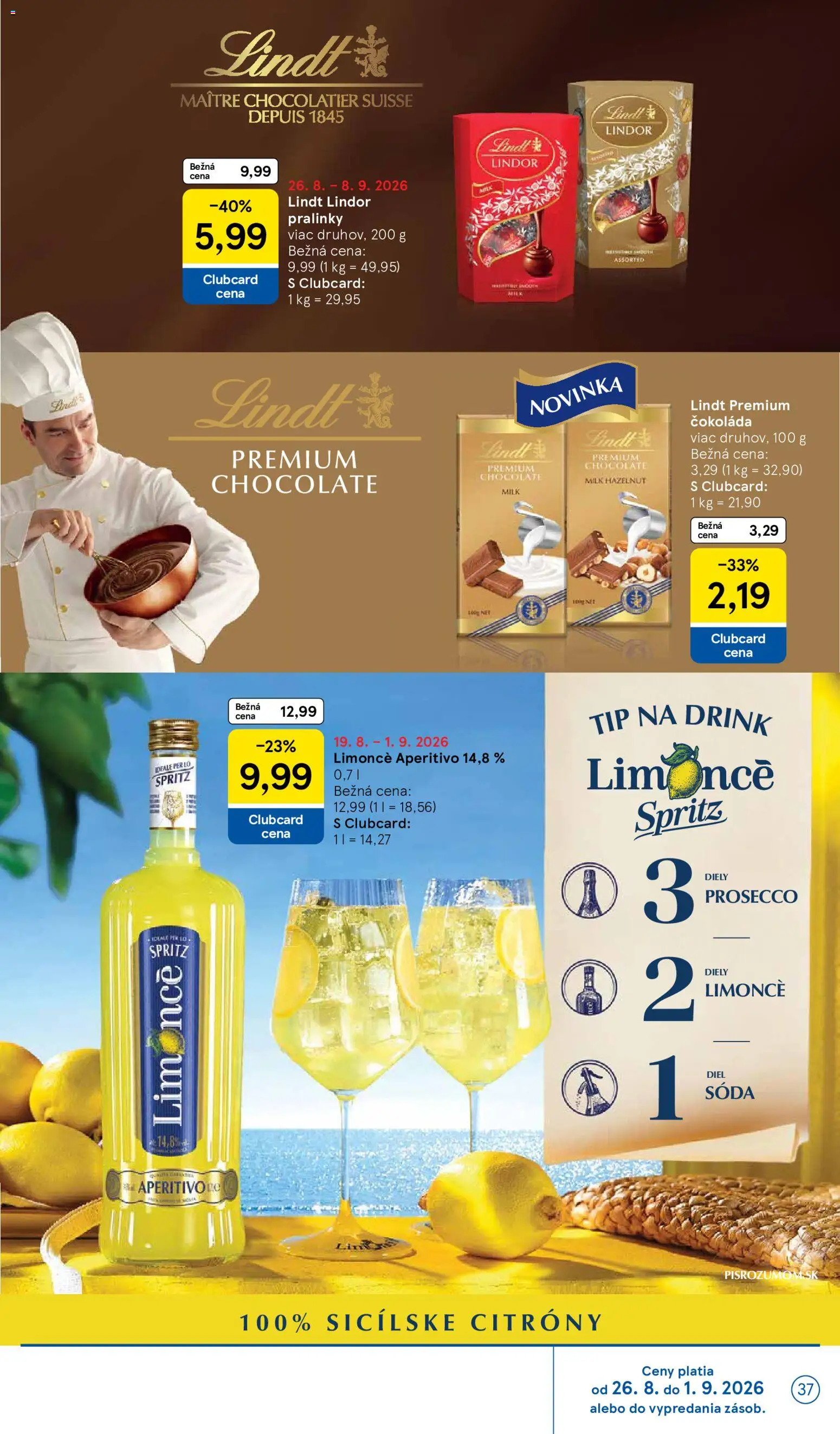 Nové Tesco akcie – leták je platný od 26.08.2026 | Strana: 37 | Produkty: Prosecco, Lindor, Lindt, Citróny