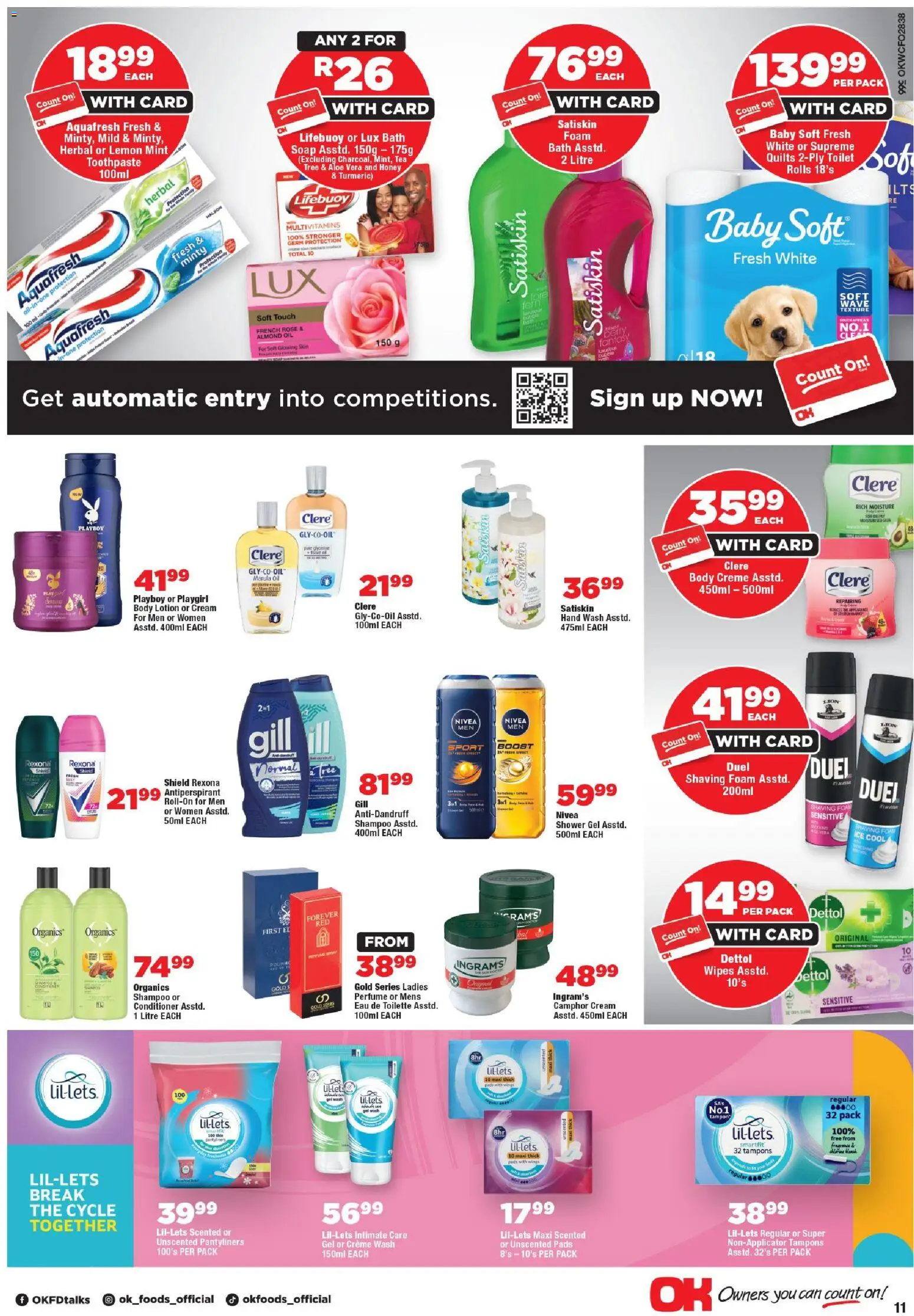New OK Foods catalogue – valid from 24.04.2026 | Page: 11 | Products: Bath, Shaving foam, Soap, Lotion