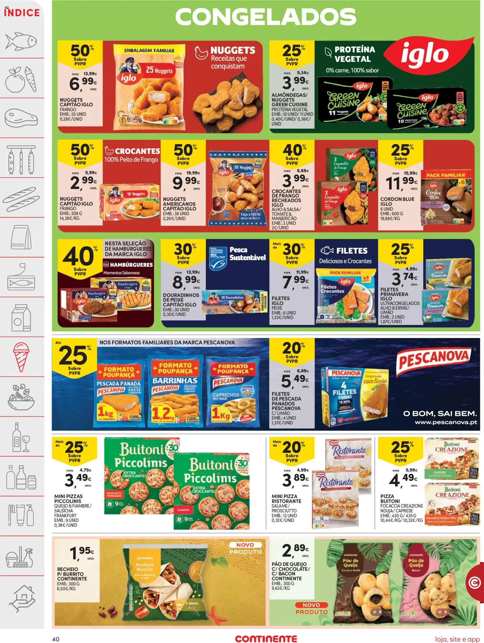 Continente folheto │ válido de 29/09/2026 | Página: 40 | Produtos: Nuggets de frango, Faca, Salsicha, Filete