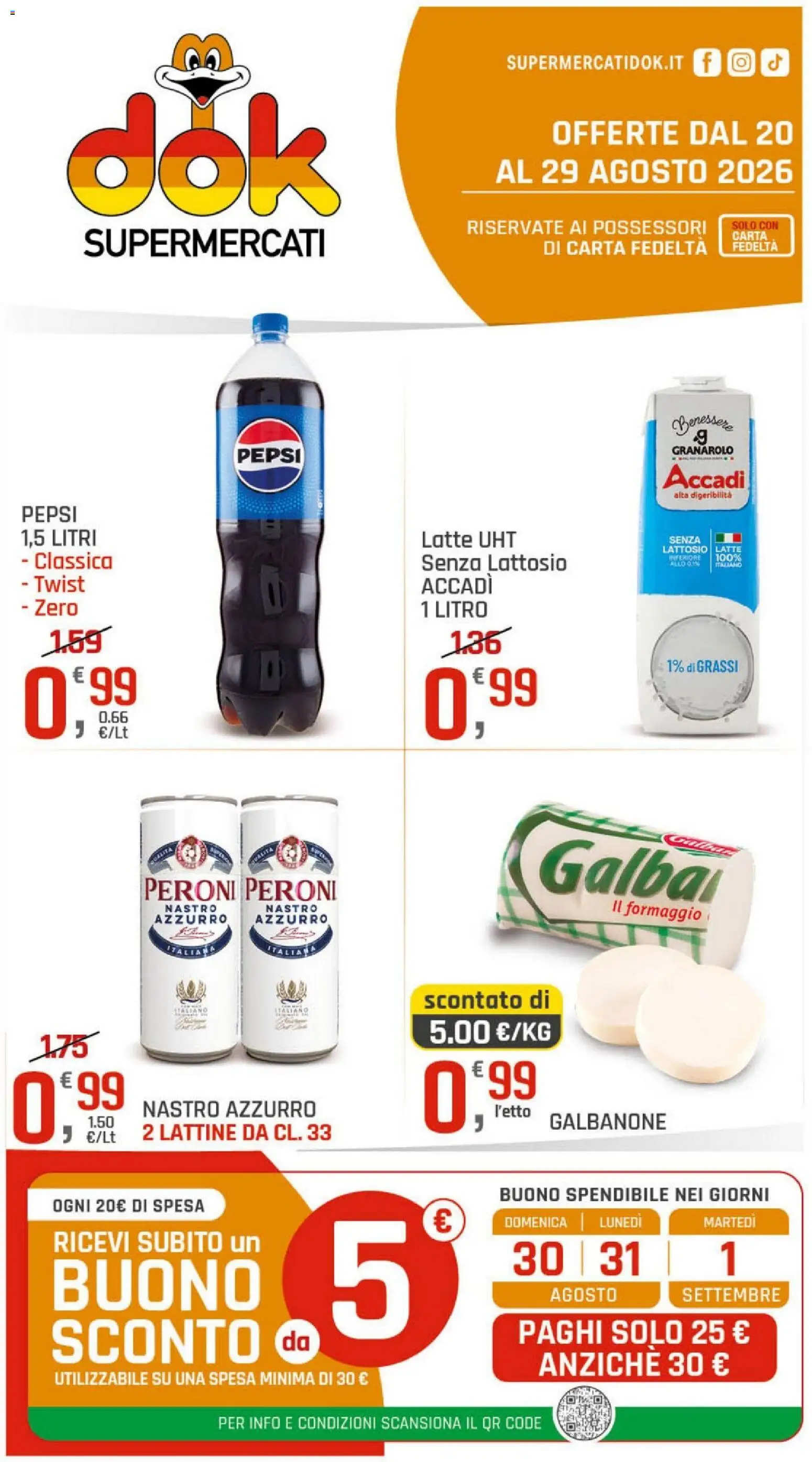 Volantino DOK del 20/08/2026 | Pagina: 1 | Prodotti: Latte, Formaggio, Pepsi, Senza lattosio