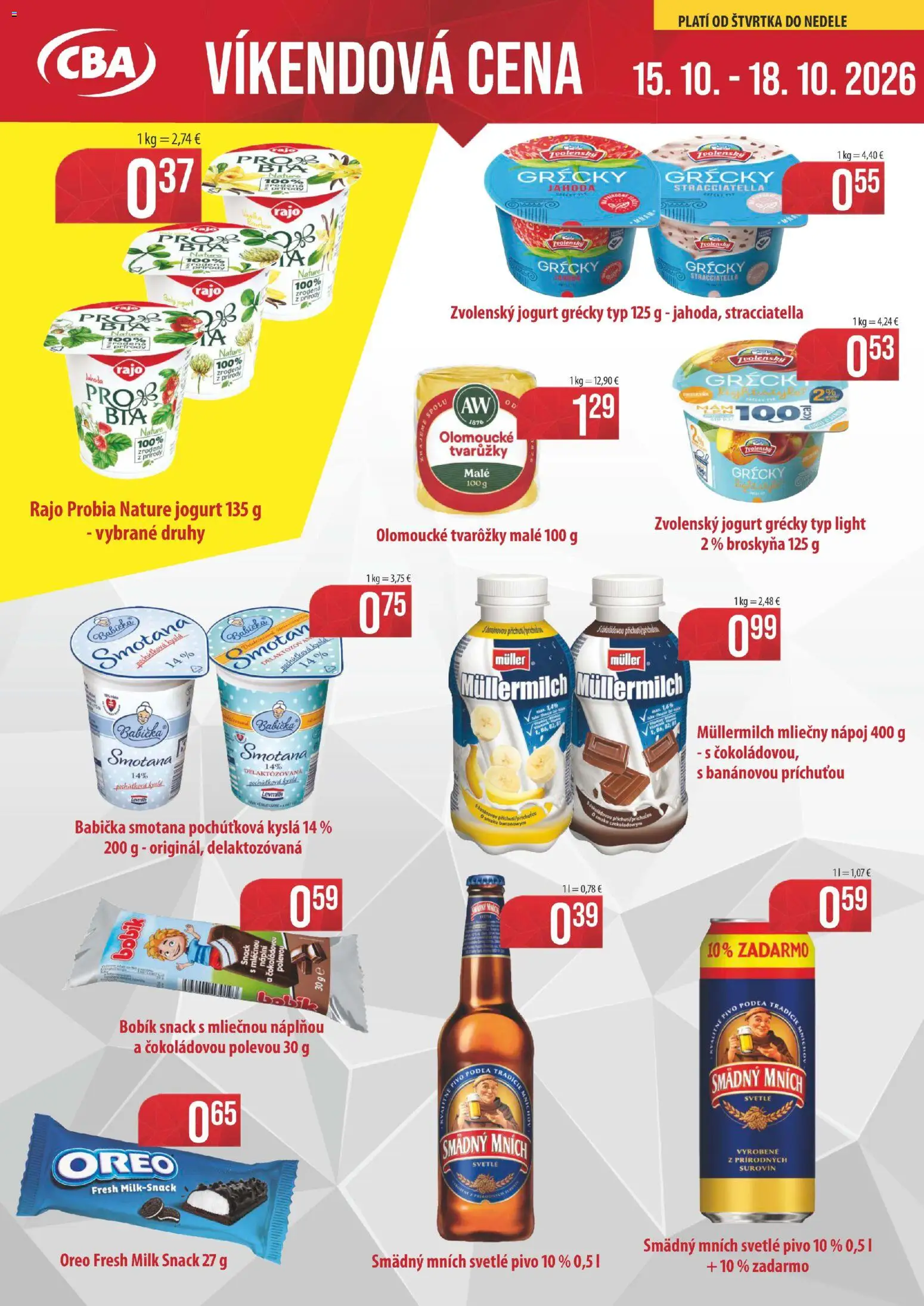 Nové CBA Komfos akcie – leták je platný od 15.10.2026 | Strana: 1 | Produkty: Jogurt, Smotana, Smädný Mních, Tvarôžky