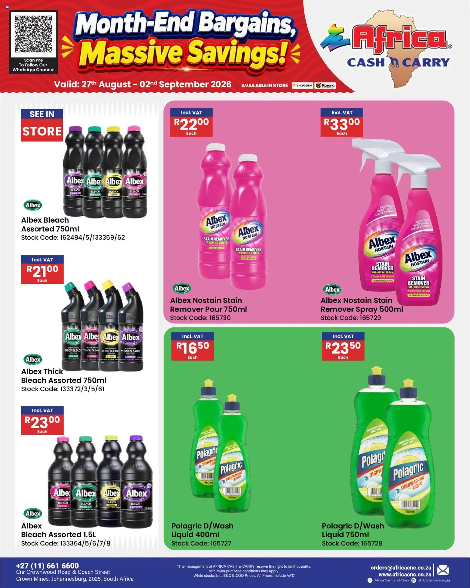 New Africa Cash & Carry catalogue – valid from 27/08/2026 | Page: 63 | Products: Bleach, Stock, Lemon, Dishwashing liquid