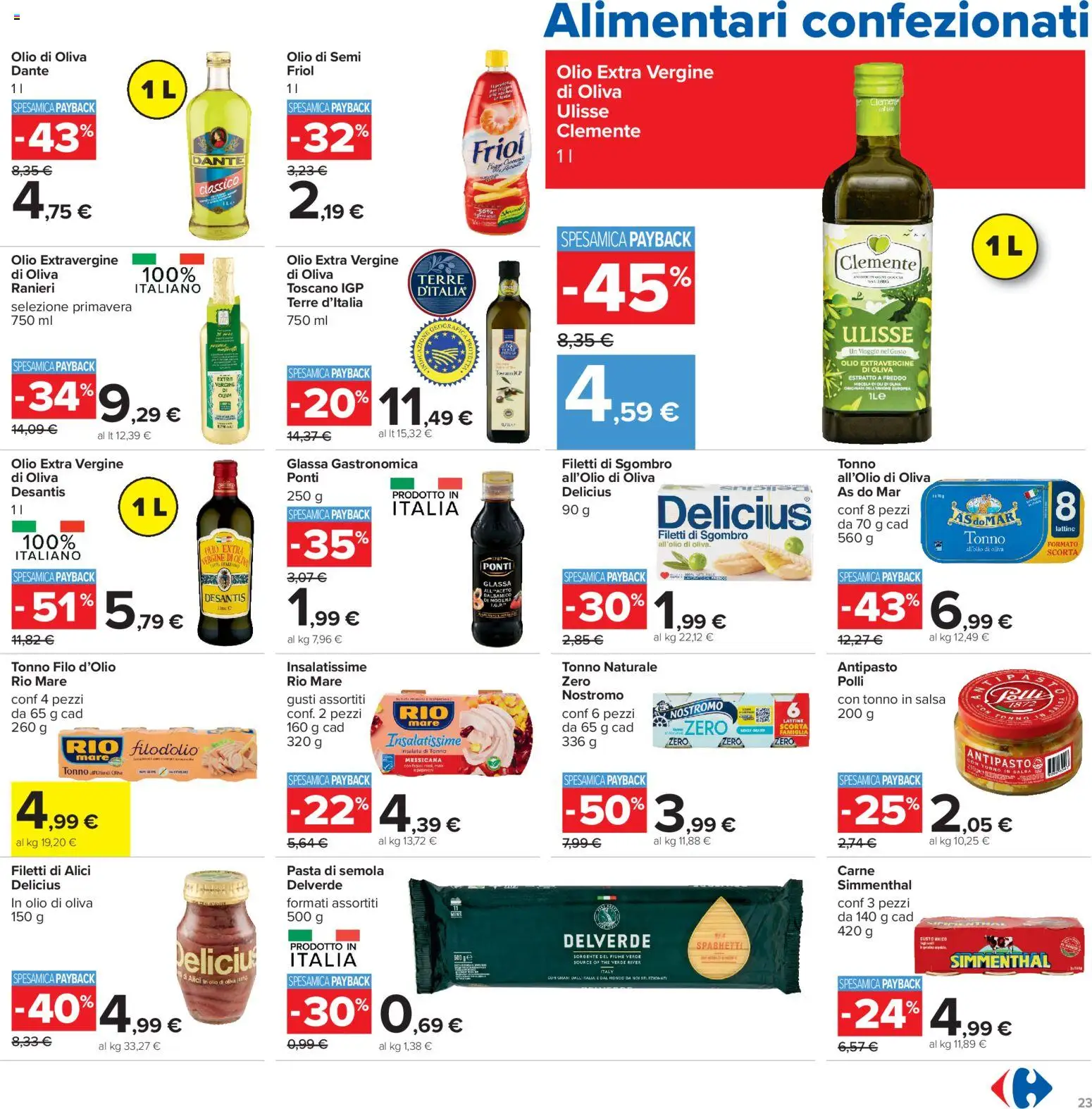 Volantino Carrefour del 15/09/2026 | Pagina: 23 | Prodotti: Pasta di semola, Olio extra vergine, Spaghetti, Alici
