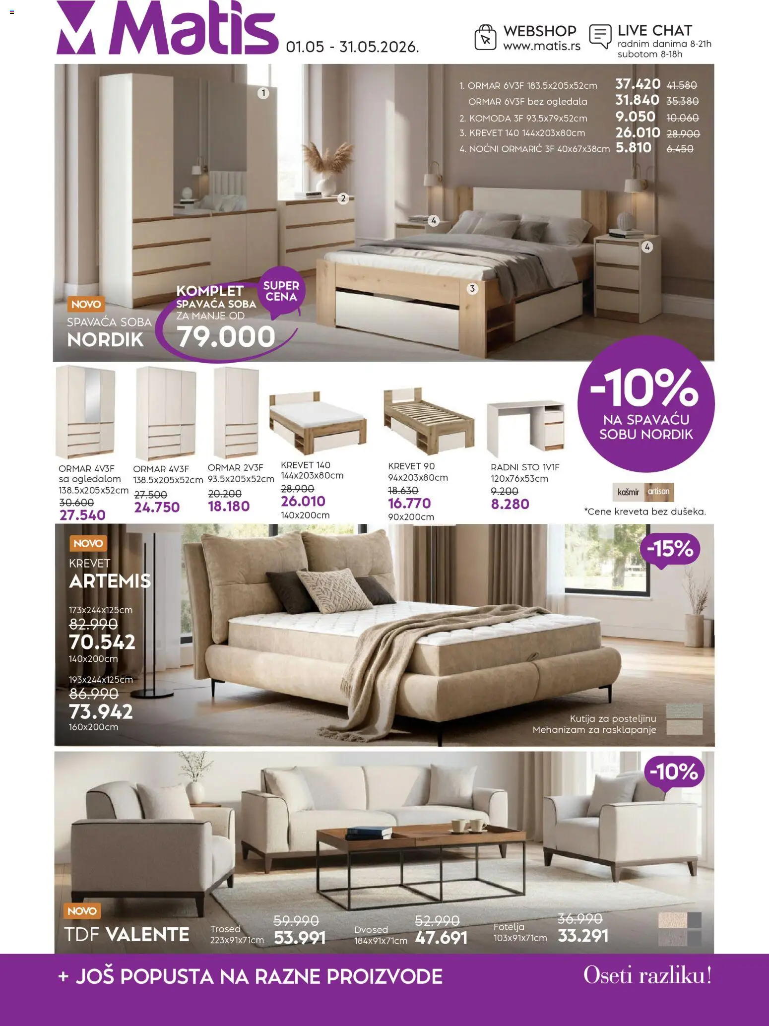 Matis katalog - važi od 01.05.2026 | Strana: 1 | Proizvode: Krevet, Noćni ormarić, Sto, Radni sto