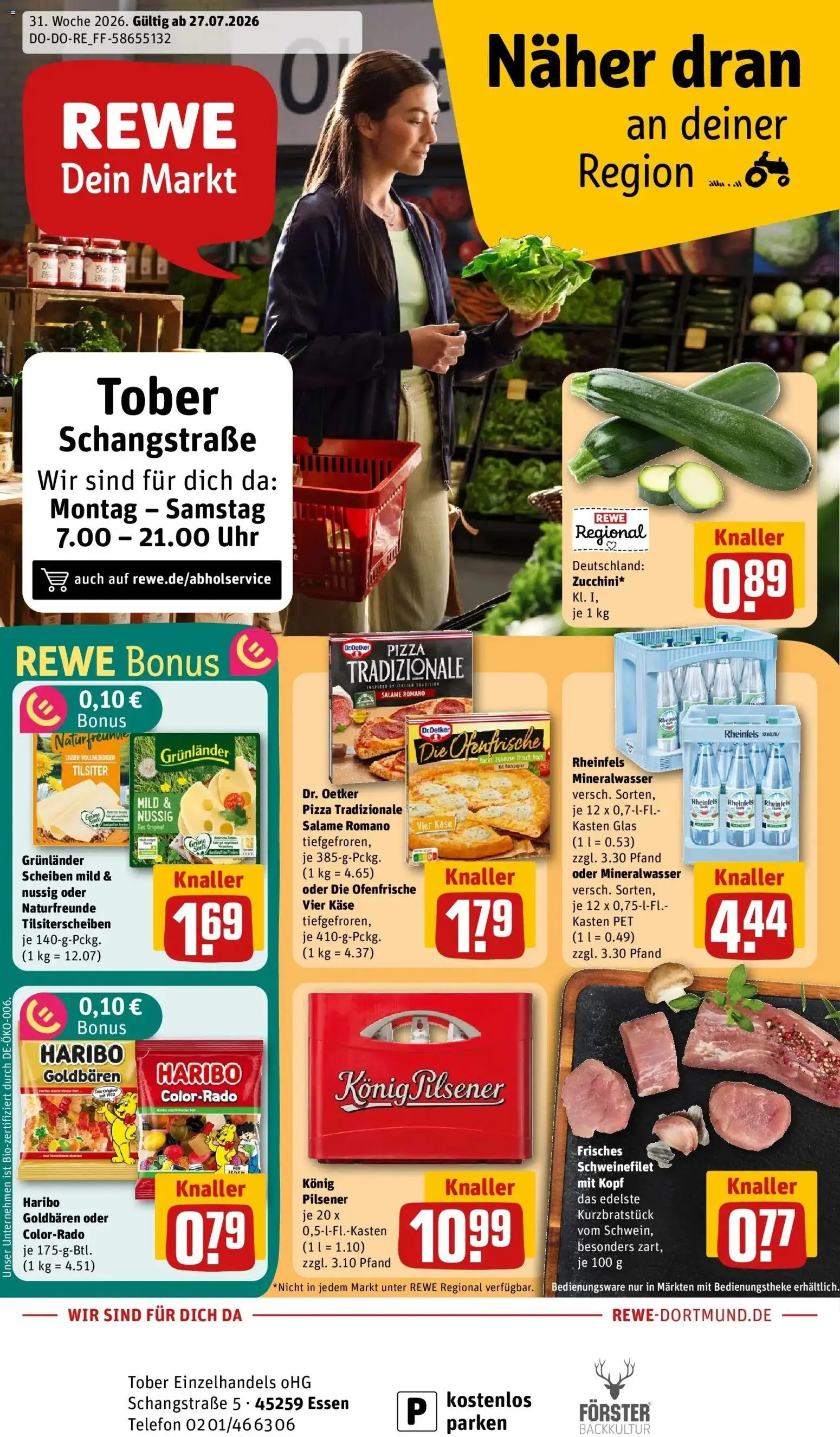 Rewe Prospekt Essen – gültig ab 27.07.2026 | Seite: 1 | Produkte: Mineralwasser, Schweinefilet, Telefon, Uhr