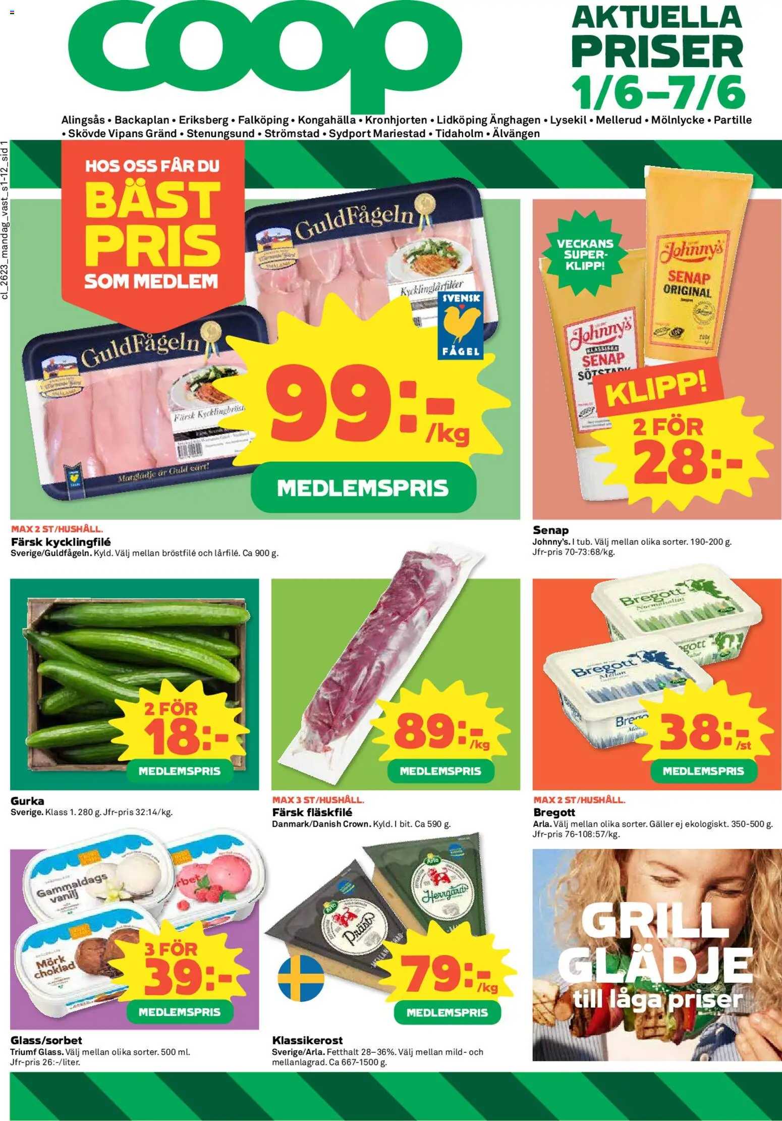 Coop reklamblad aktuell från 01.06.2026 | Sida: 1 | Produkter: Kycklingfile, Galler, Bregott, Gurka