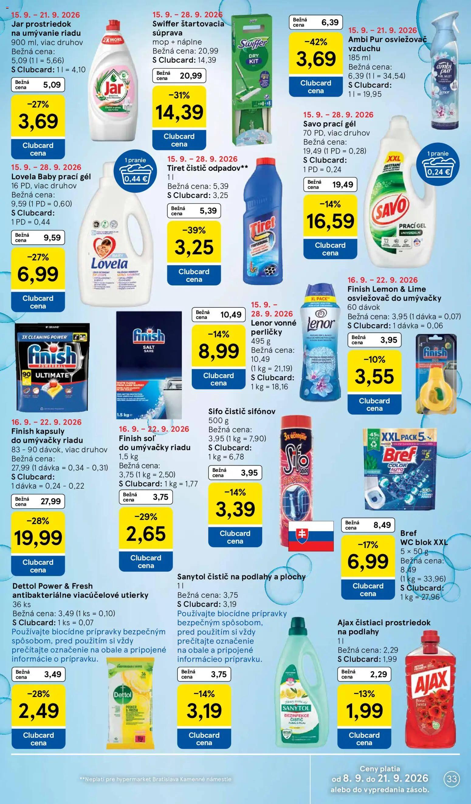 Nové Tesco akcie – leták je platný od 16.09.2026 | Strana: 33 | Produkty: Osviežovač vzduchu, Wc, Savo, Utierky