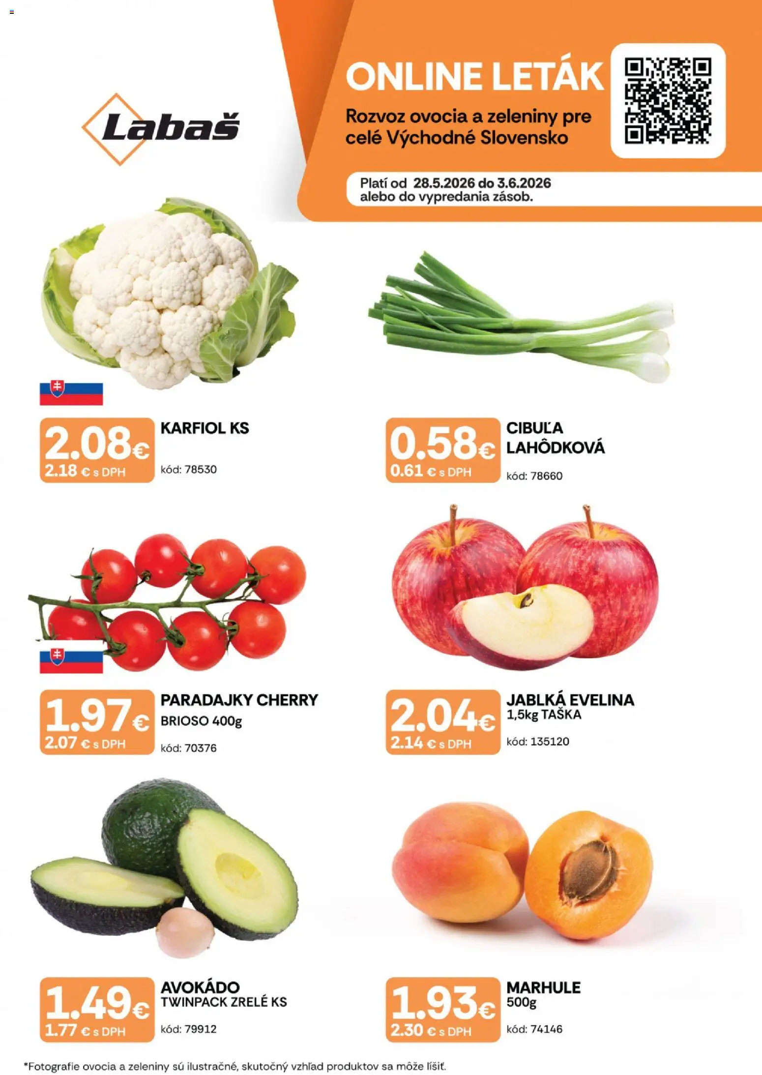 Nové Labaš akcie – leták je platný od 28.05.2026 | Strana: 1 | Produkty: Jablká, Avokádo, Cibuľa, Taška