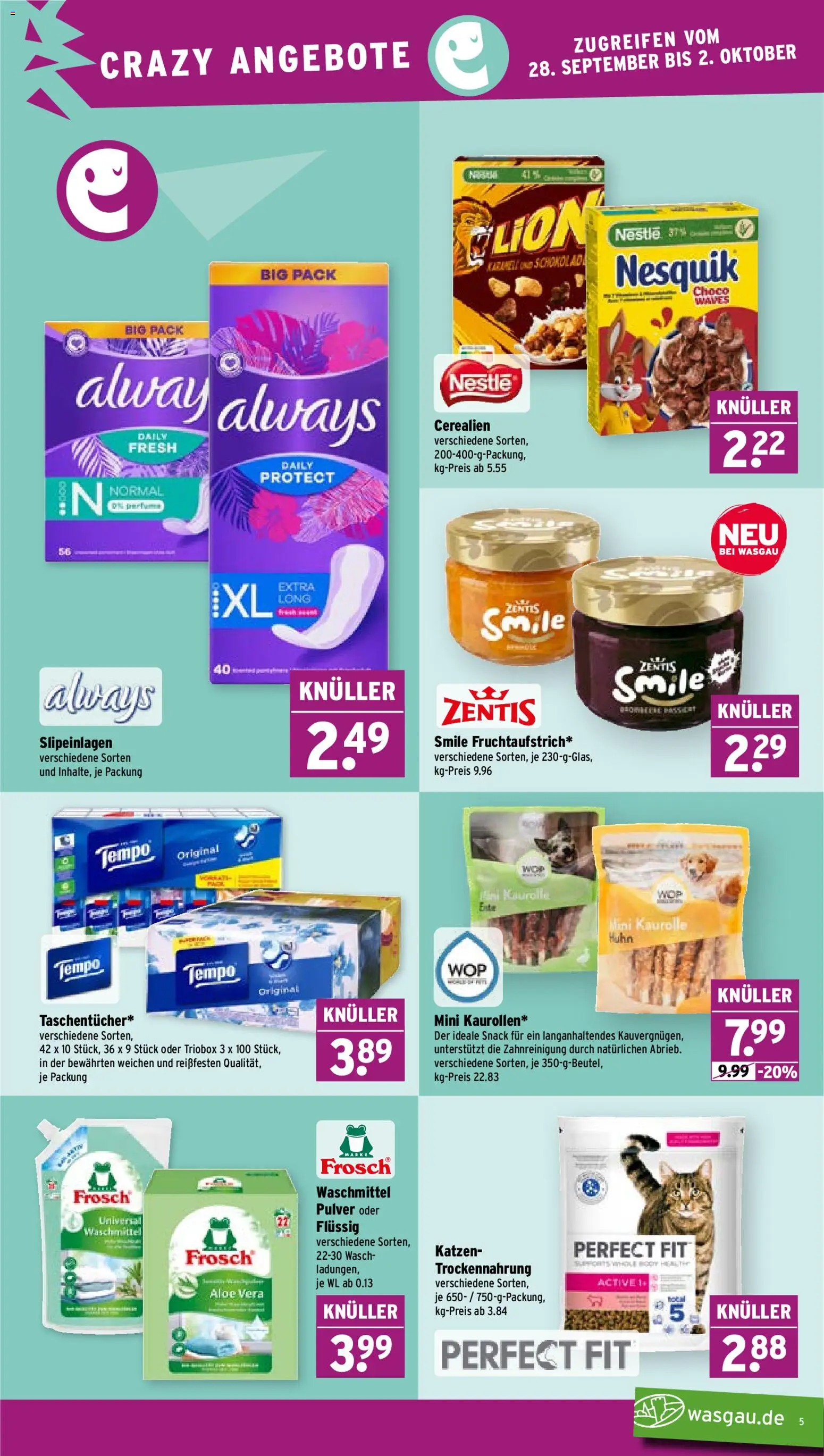 Wasgau Prospekt – gültig ab 28.09.2026 | Seite: 5 | Produkte: Nesquik, Schokolade, Waschmittel, Tempo