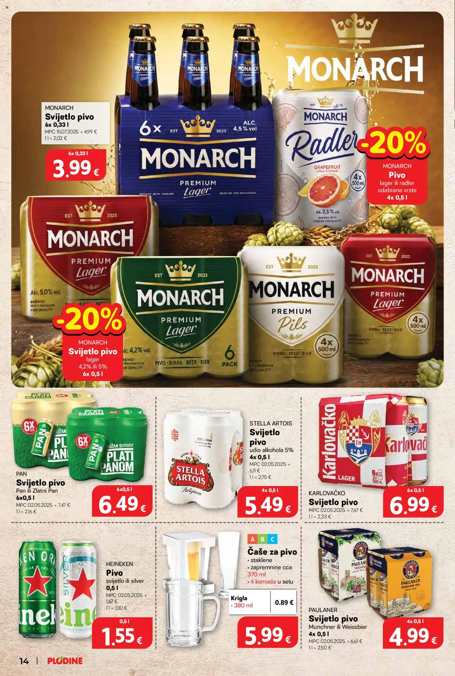 Plodine katalog | vrijedi od 10.09.2026 | Stranica: 14 | Proizvodi: Svijetlo pivo, Karlovačko, Pan, Heineken pivo