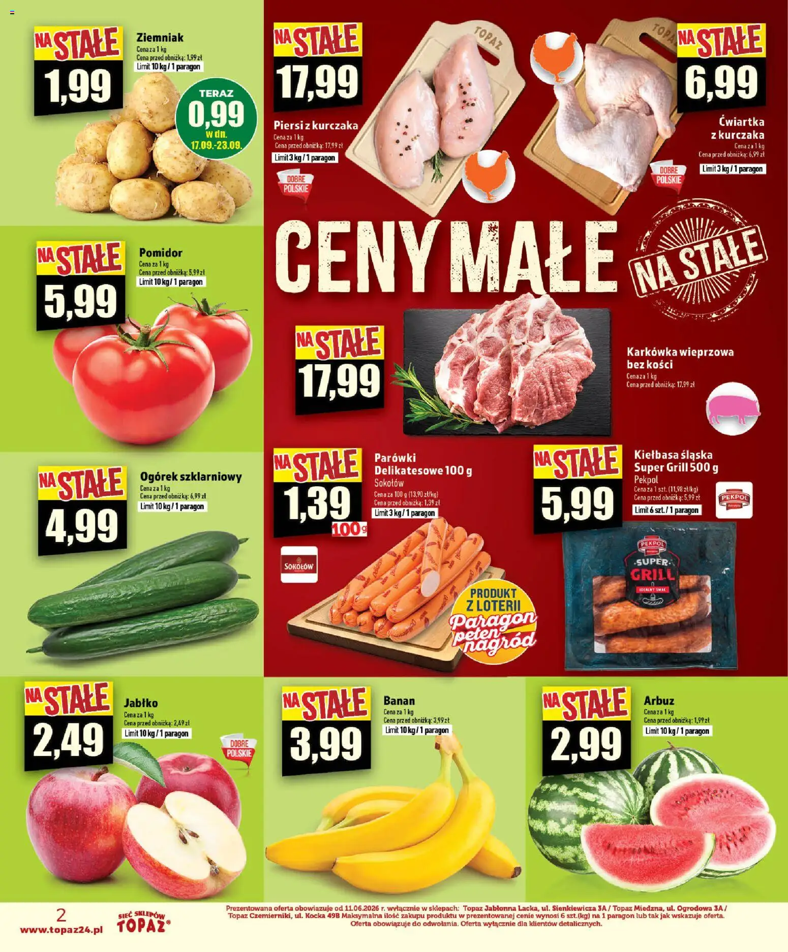 Topaz gazetka - Ceny małe na stałe od 17.09.2026 | Strona: 2 | Produkty: Kiełbasa, Grill, Parówki, Banan