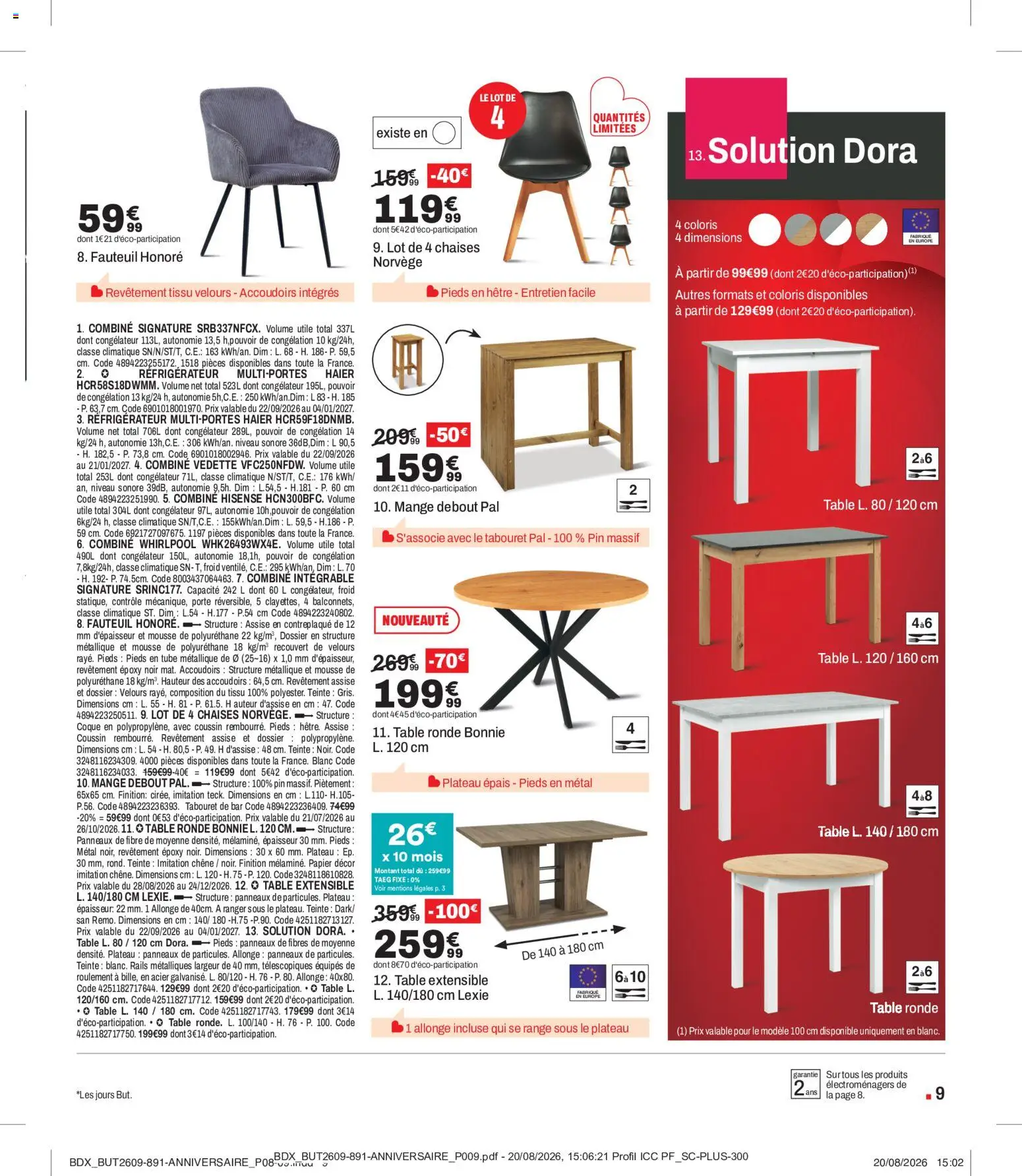 {H1} | Page: 9 | Produits: Réfrigérateur, Congélateur, Table extensible, Porte