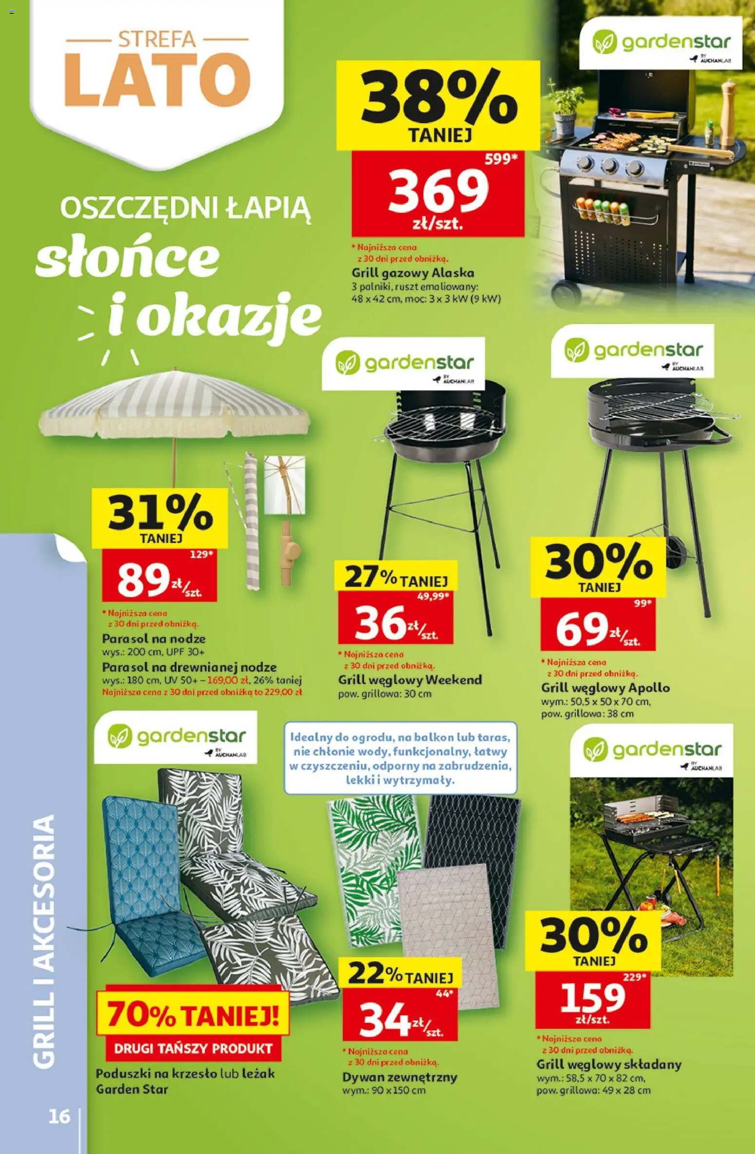 Auchan gazetka - 30 Lat Hipermarket od 18.06.2026 | Strona: 16 | Produkty: Parasol, Ruszt, Krzesło, Dywan