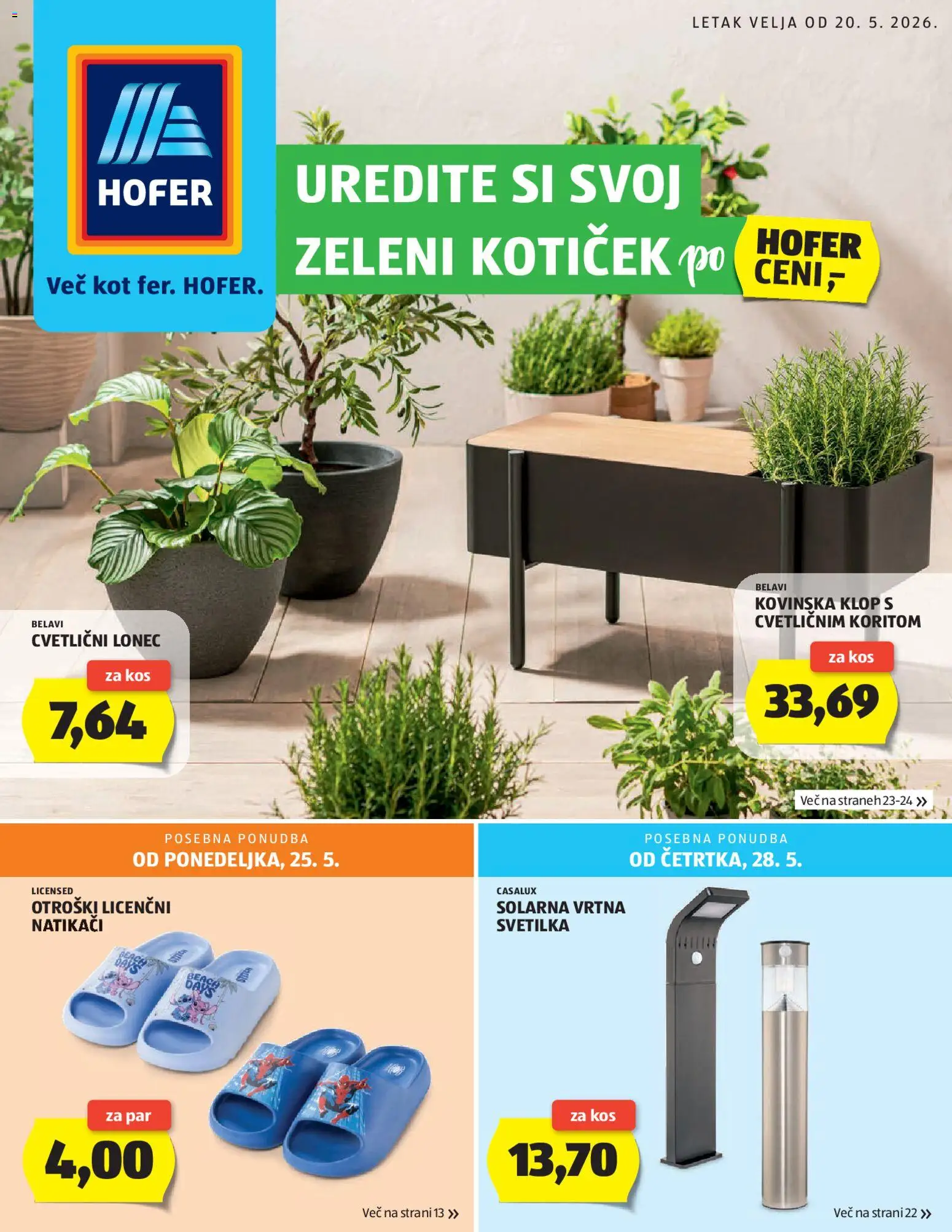 Novi Hofer katalog ponudbe – veljaven od 20.05.2026 | Stran: 1 | Izdelki: Kos, Svetilka, Natikaci