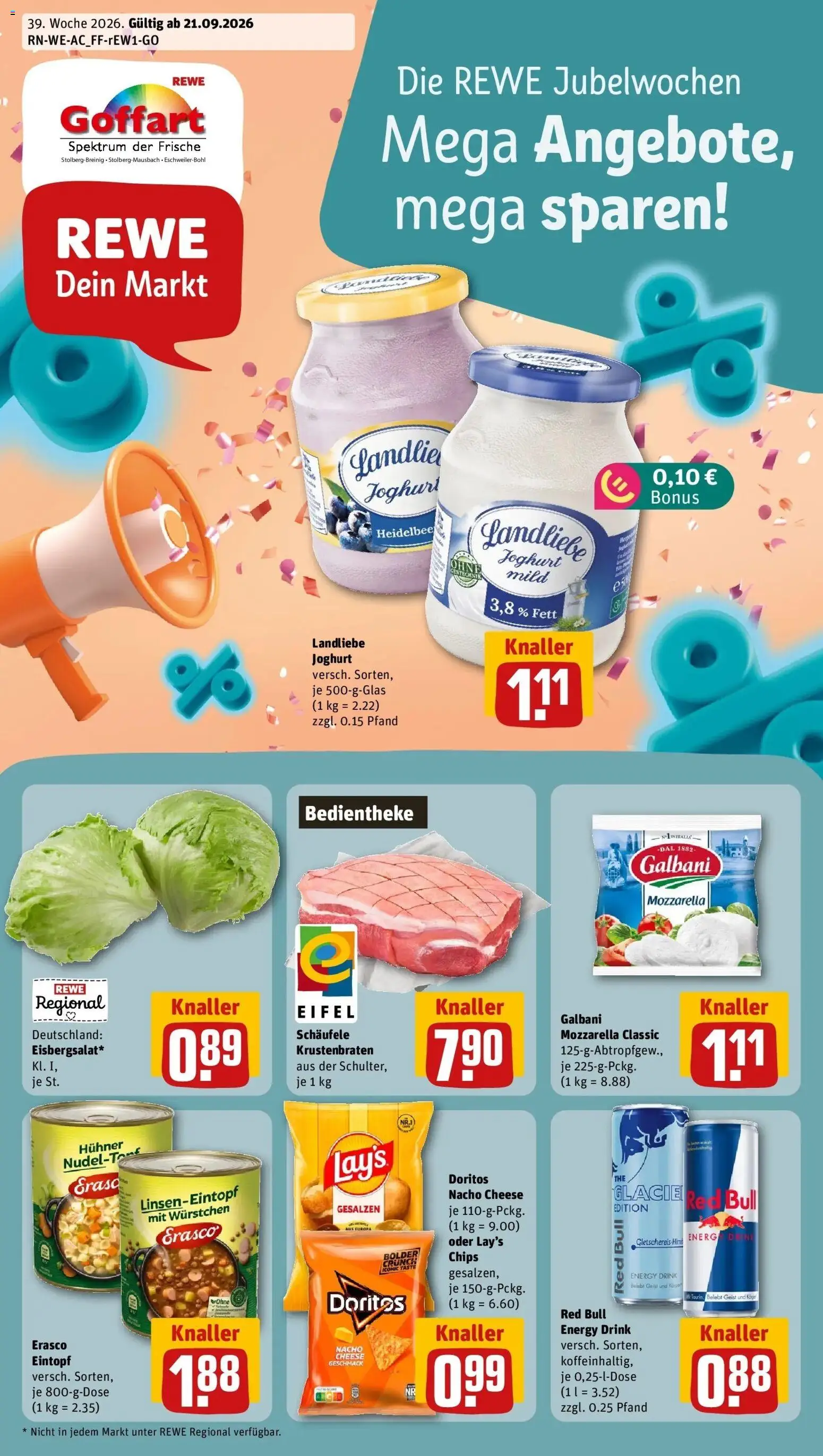 REWE Prospekt ab 21.09.2026 zum Blättern » Angebote | Seite: 1 | Produkte: Joghurt, Mozzarella, Erasco, Chips