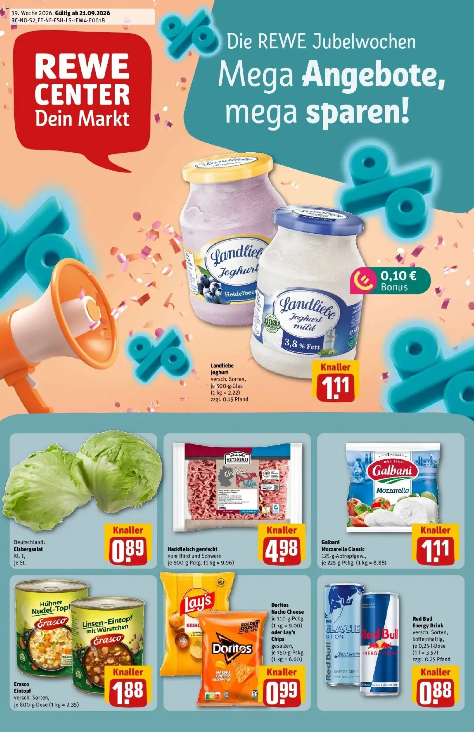 REWE Prospekt ab 21.09.2026 zum Blättern » Angebote | Seite: 3 | Produkte: Mozzarella, Eisbergsalat, Erasco, Chips