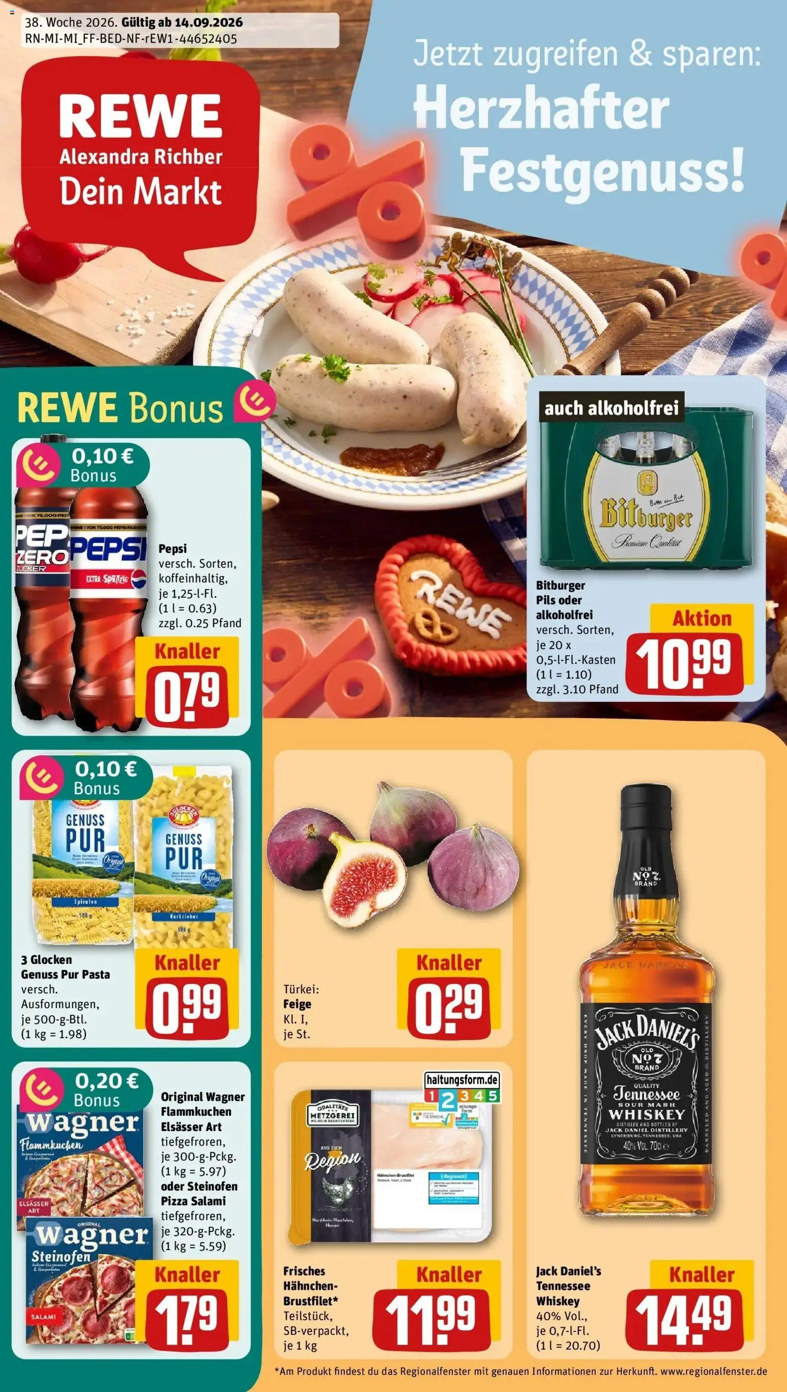 REWE Prospekt ab 14.09.2026 zum Blättern » Angebote | Seite: 1 | Produkte: Bitburger, Jack Daniel's, Zucker, Pasta