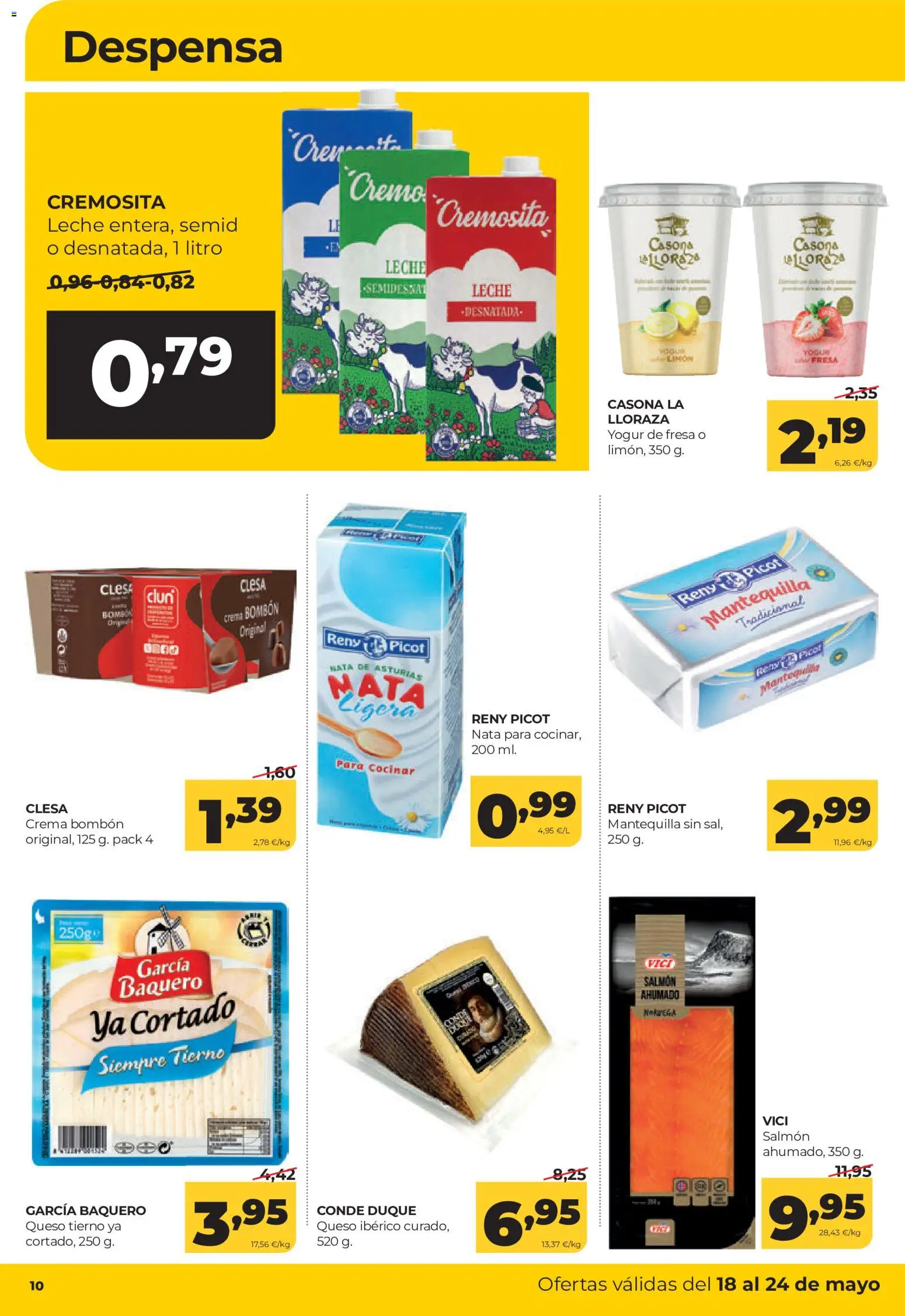 Alimerka folleto Asturias │ válido desde el 18.05.2026 | Página: 10 | Productos: Leche, Queso, Crema, Salmón ahumado