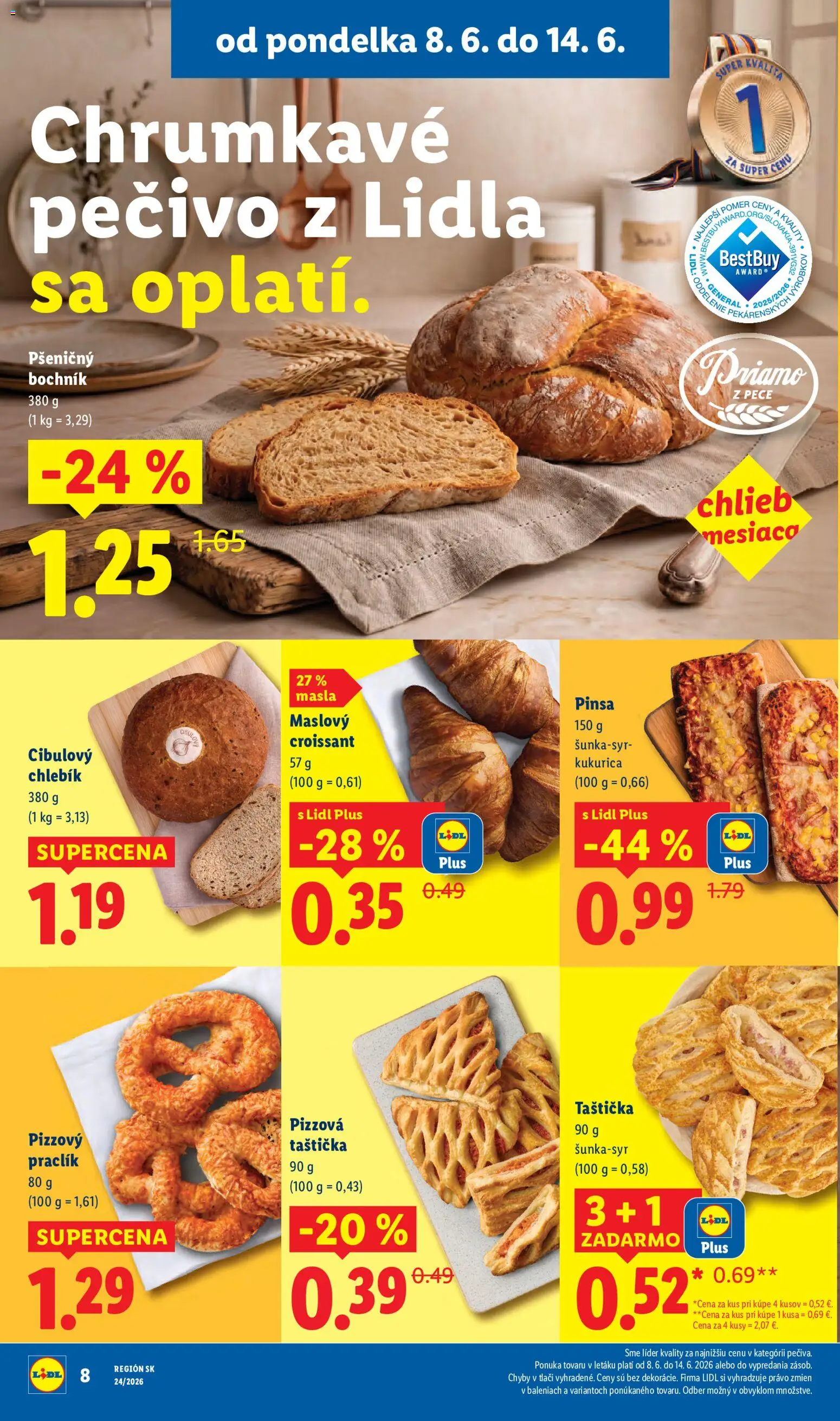 Nové Lidl akcie – leták je platný od 08.06.2026 | Strana: 18 | Produkty: Chlieb, Pizza, Croissant, Kukurica
