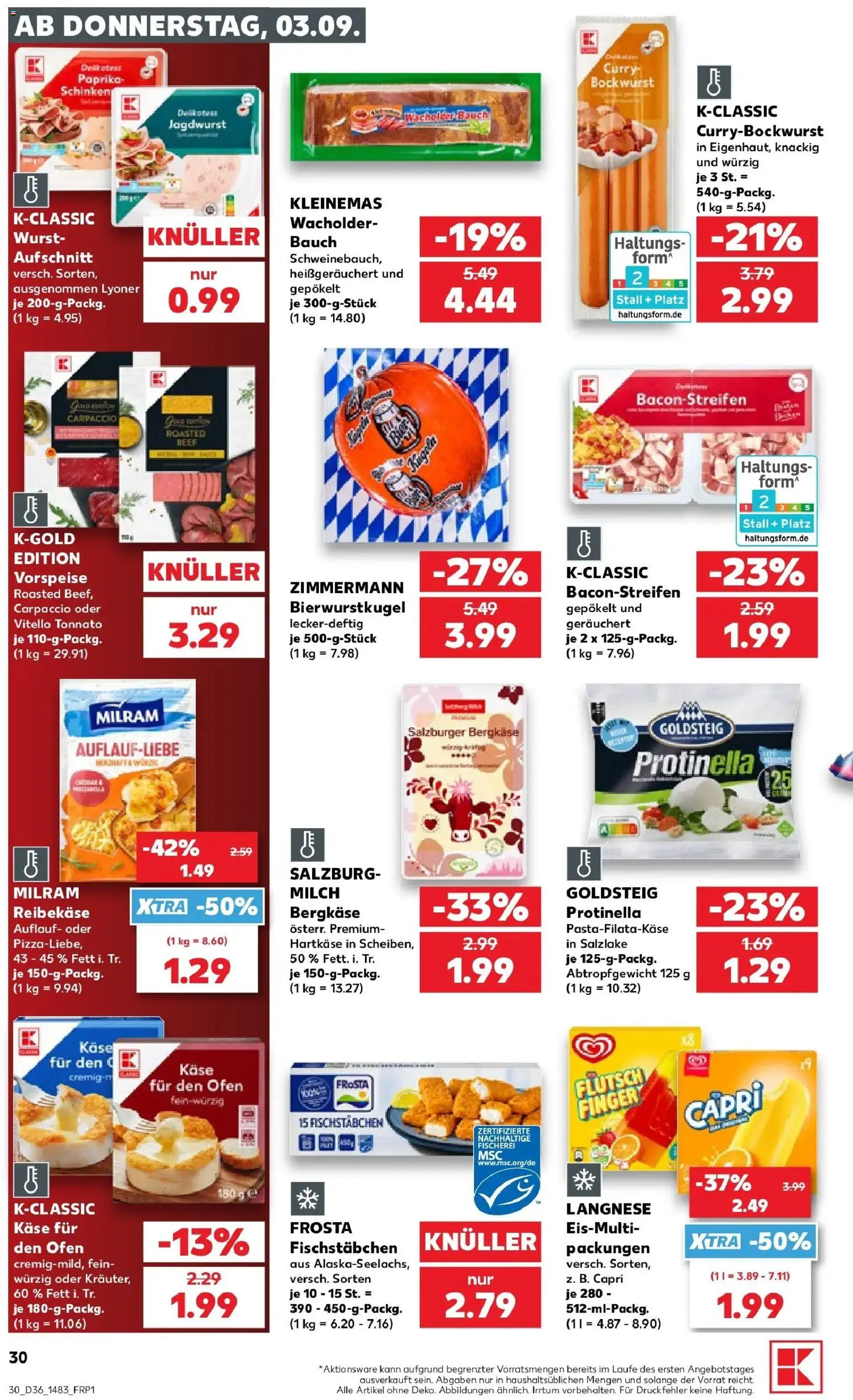 Prospekt Kaufland ab 31.08.2026 » Angebote Online zum Blättern | Seite: 39 | Produkte: Bockwurst, Langnese, Milch, Fischstabchen