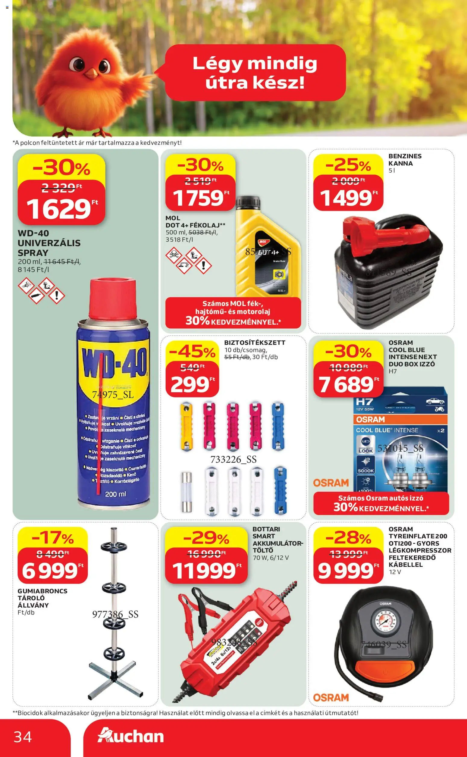 Auchan akciós ujság - amely érvényes a következő dátumtól: 18.06.2026 | Oldal: 34 | Termékek: Izzó, Akkumulátor, Töltő, Motorolaj