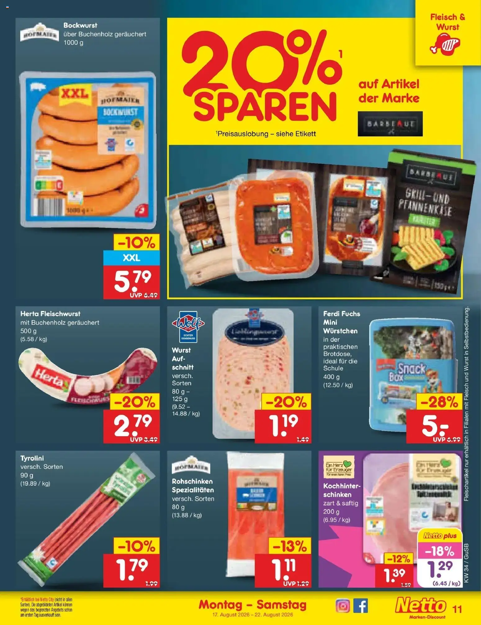 Netto Marken-Discount Prospekt Machern – gültig ab 17.08.2026 | Seite: 13 | Produkte: Bockwurst, Herta fleischwurst, Spezialitäten, Wurst