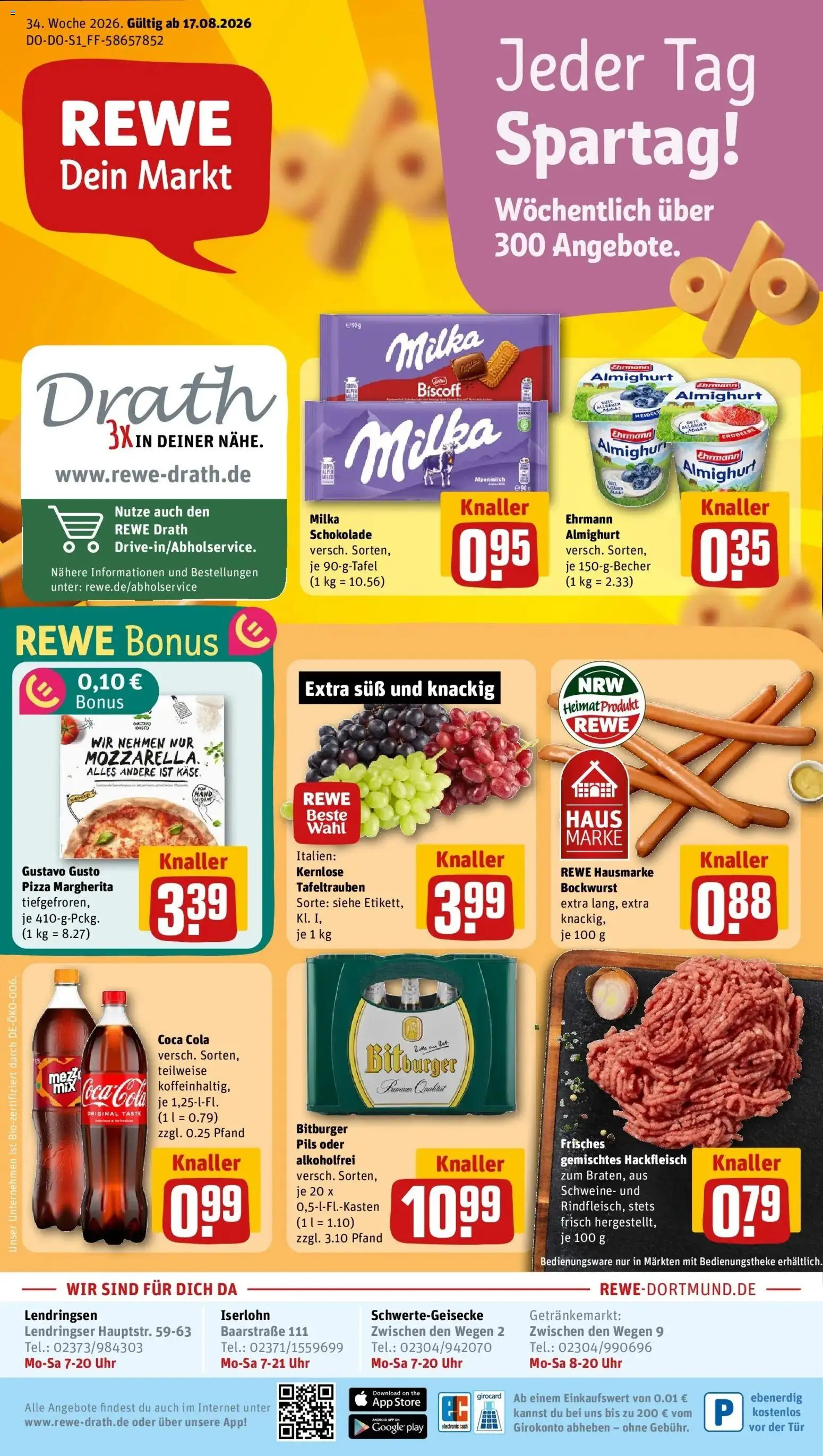 REWE Prospekt ab 17.08.2026 zum Blättern » Angebote | Seite: 1 | Produkte: Bockwurst, Bitburger, Pils, Hackfleisch